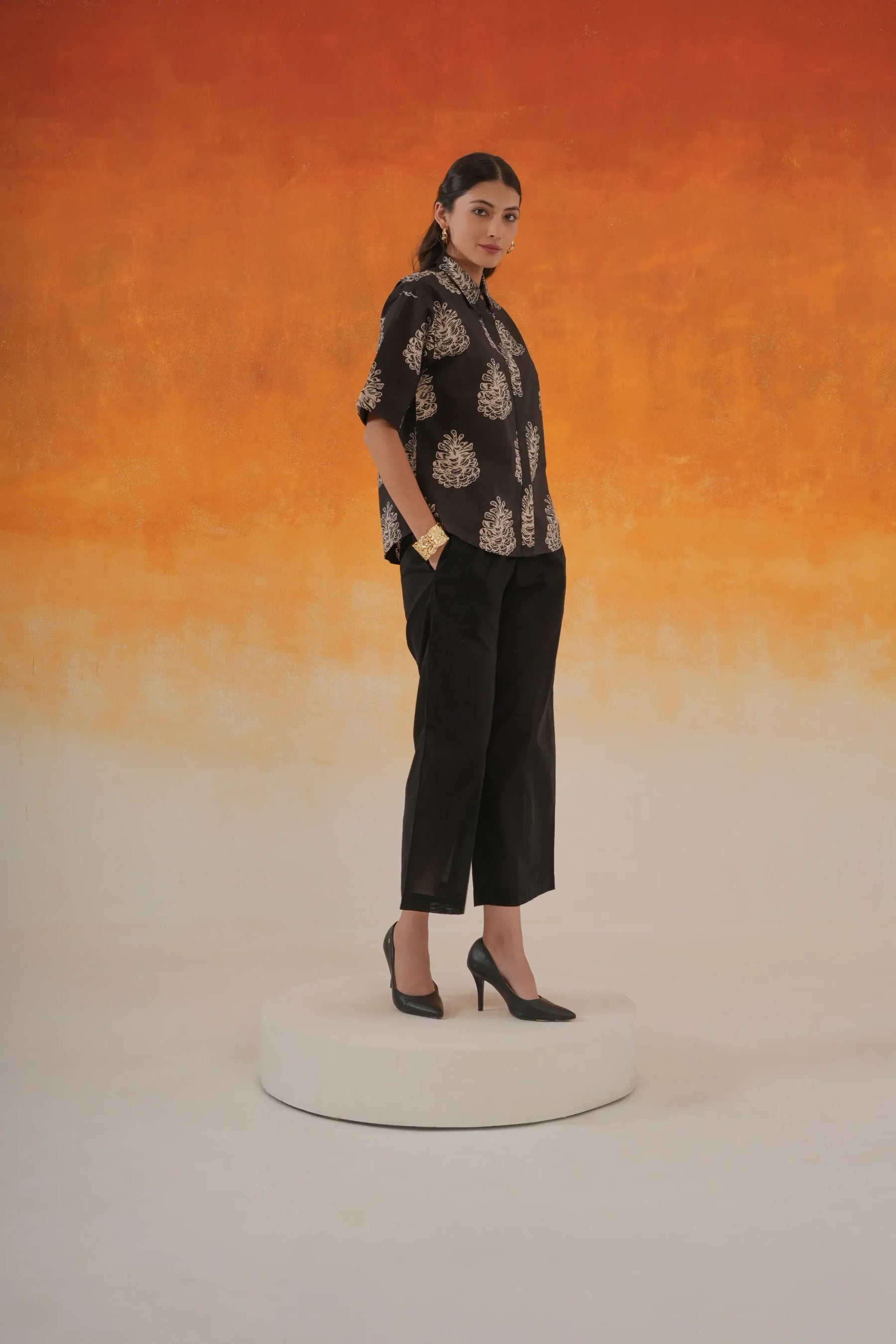 Pine Ajrakh cotton shirt in black - World of Toji