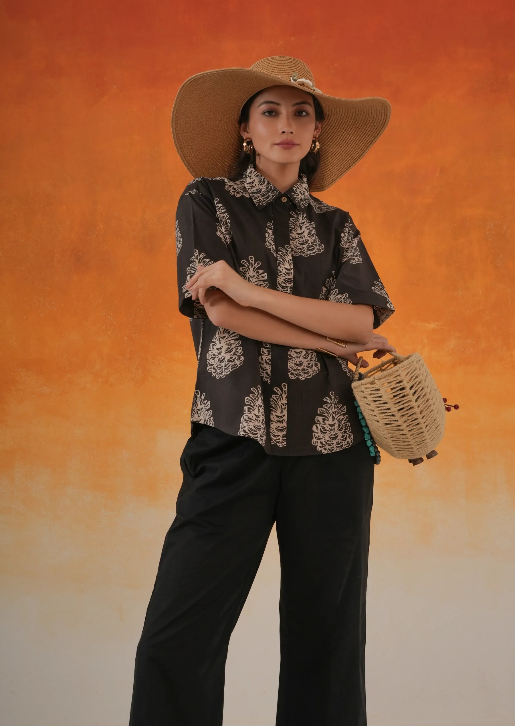 Black Pine Ajrakh cotton shirt co-ord set for women - World of toji