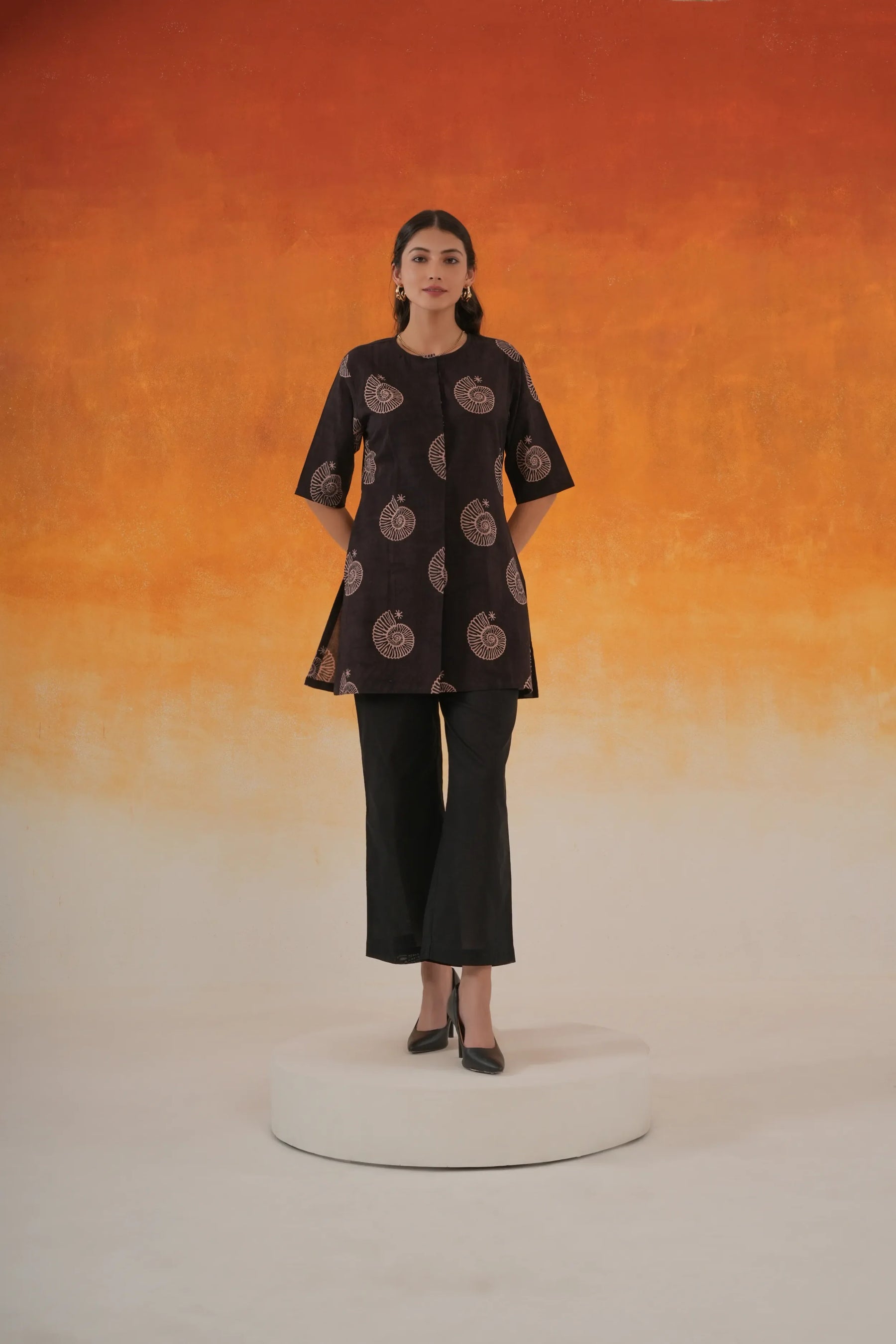 Conch black Ajrakh cotton co-ord set - world of toji