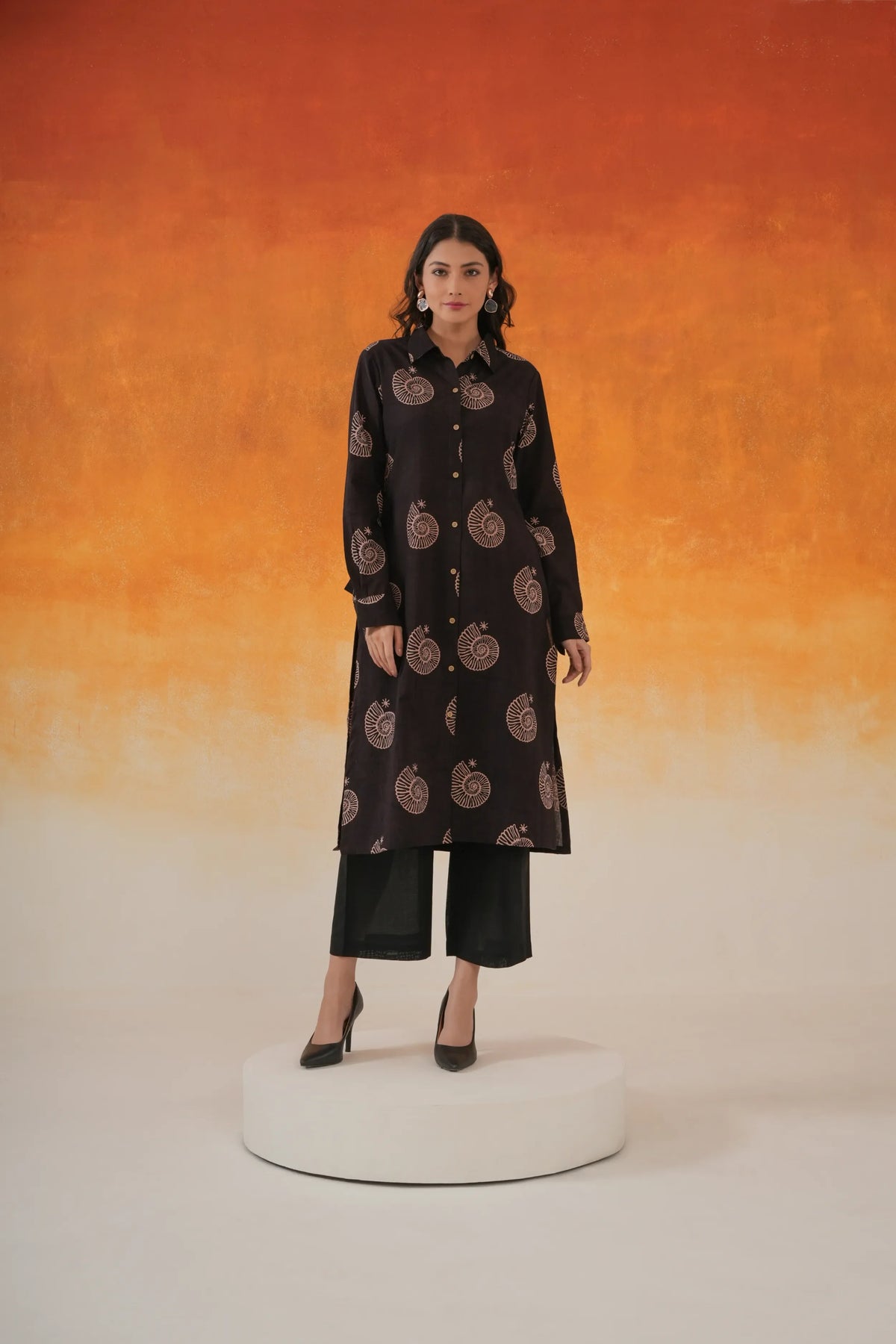 Conch black shirt-style Ajrakh cotton kurta set