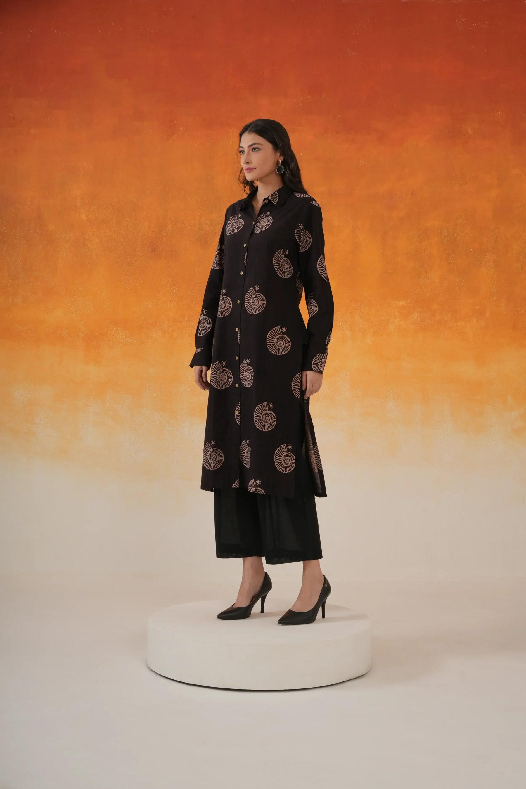 Conch Shirt Style Ajrakh Block Print Cotton Kurta Black - World of Toji