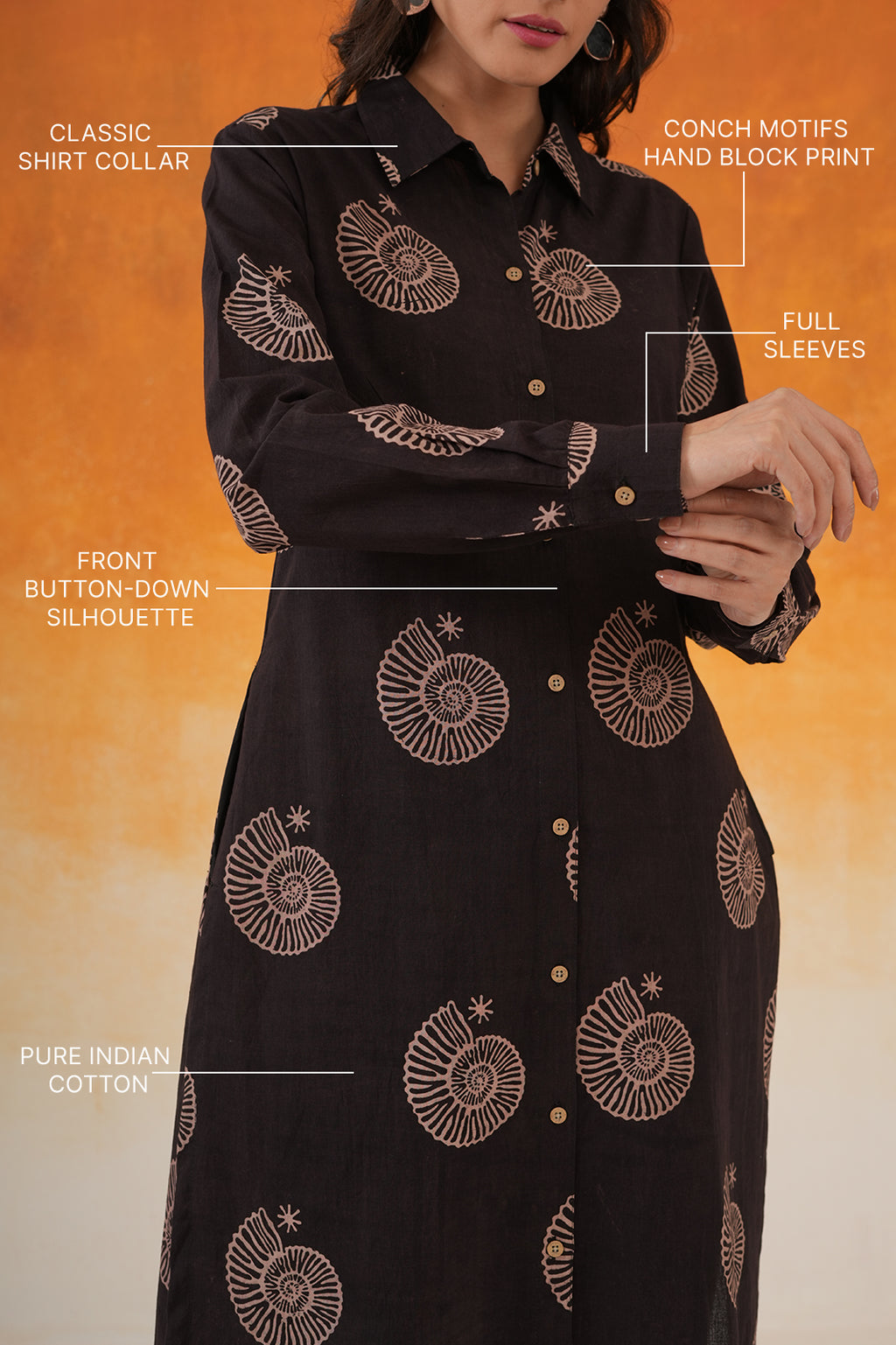 Conch Shirt Style Ajrakh Block Print Cotton Kurta Black - World of Toji