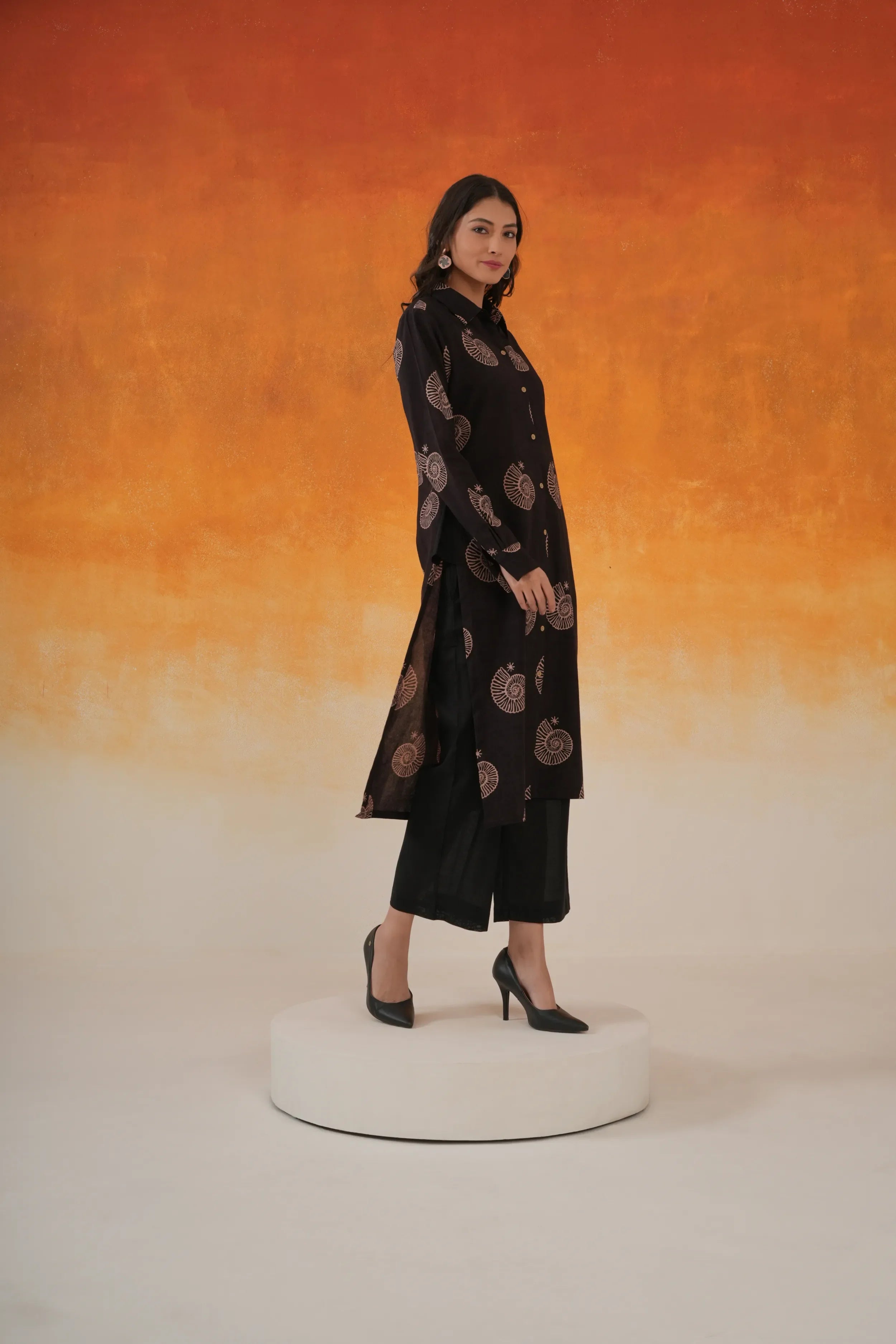 Conch black shirt-style Ajrakh cotton kurta set