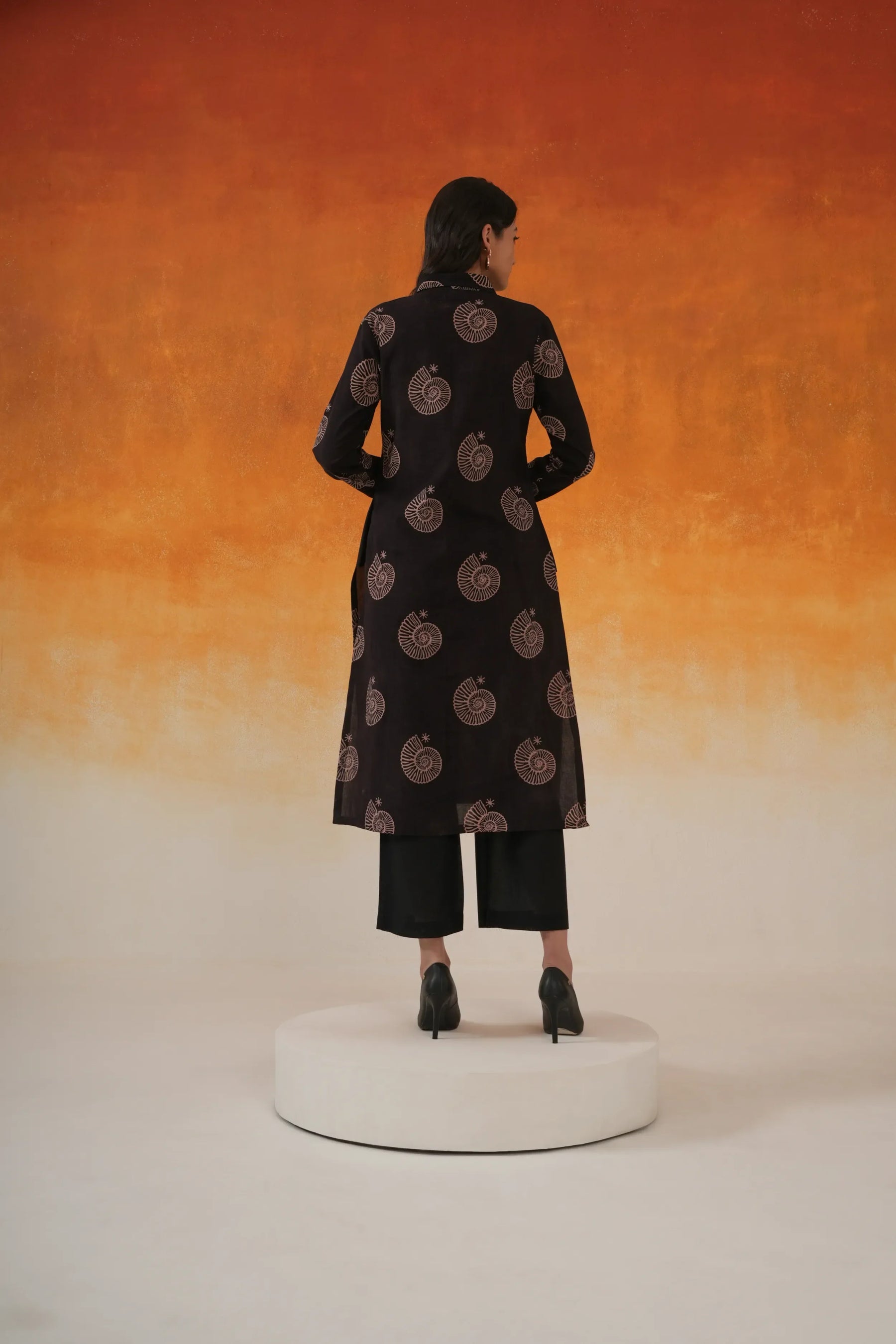 Conch Shirt Style Ajrakh Block Print Cotton Kurta Black - World of Toji