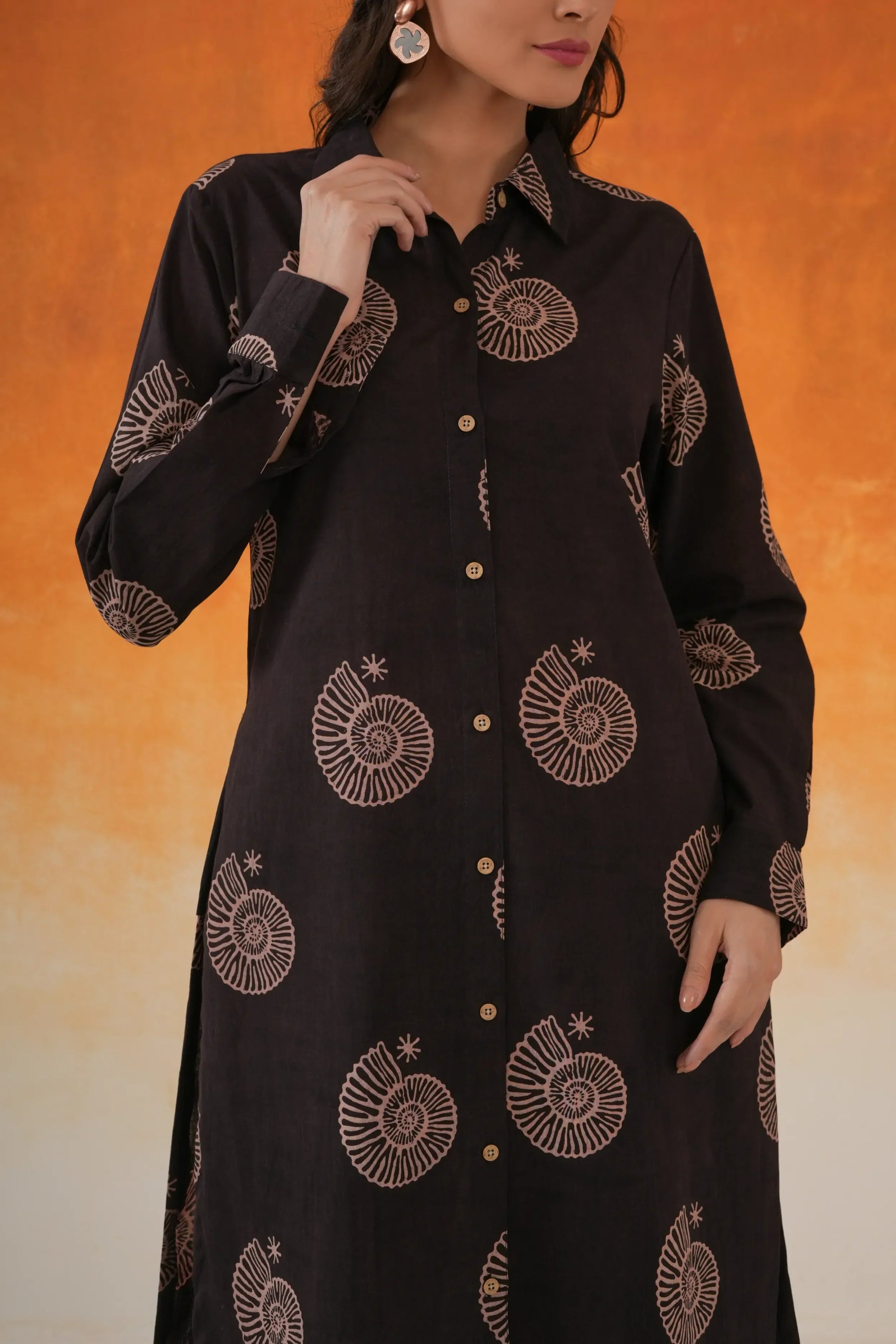 Conch Shirt Style Ajrakh Block Print Cotton Kurta Black - World of Toji