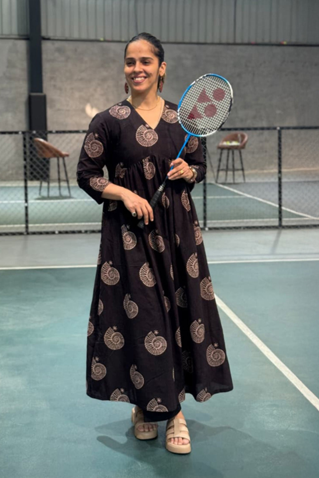 Conch Anarkali Ajrakh cotton kurta in black - World of Toji