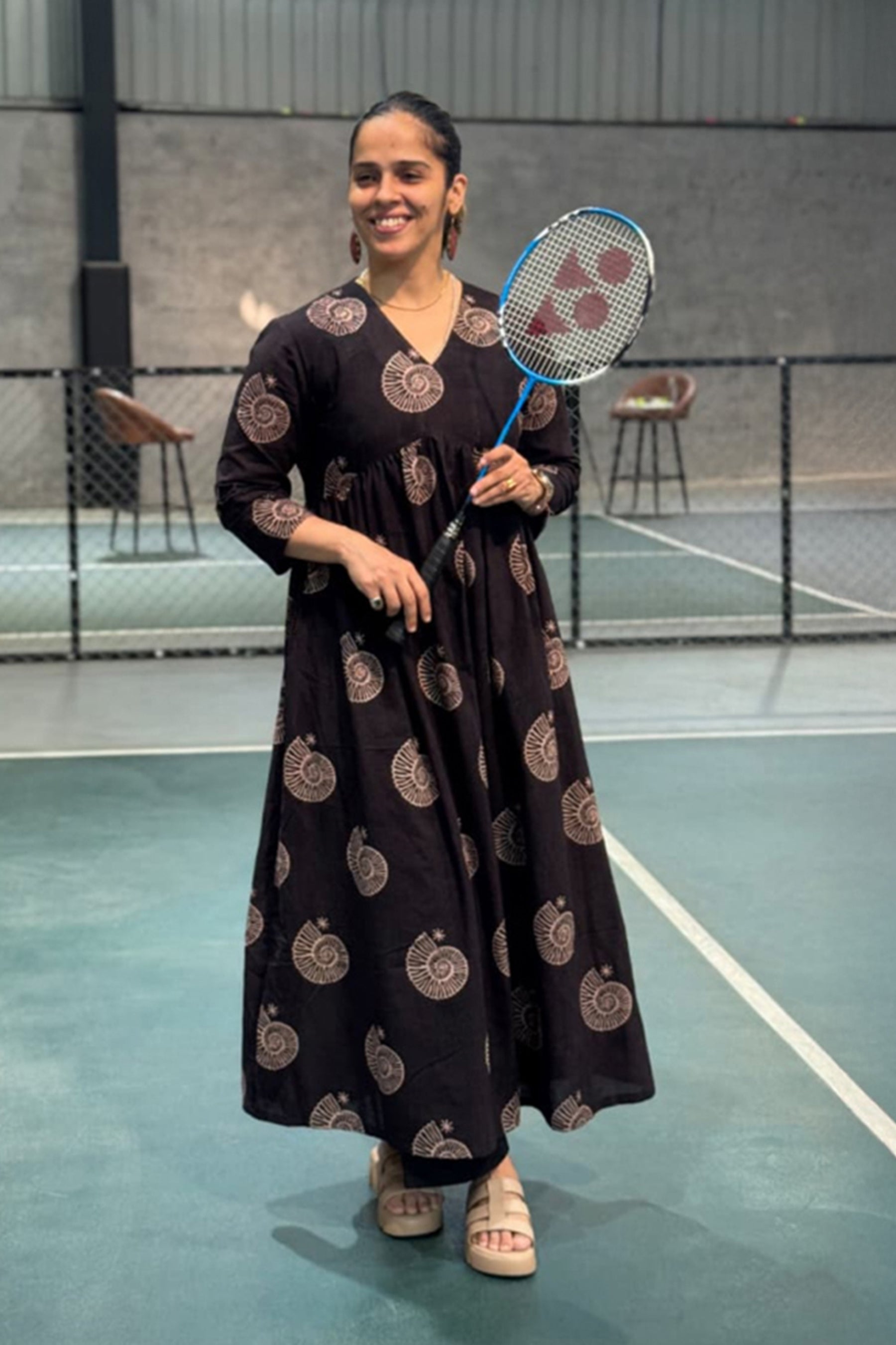 Conch Anarkali Ajrakh cotton kurta in black - World of Toji