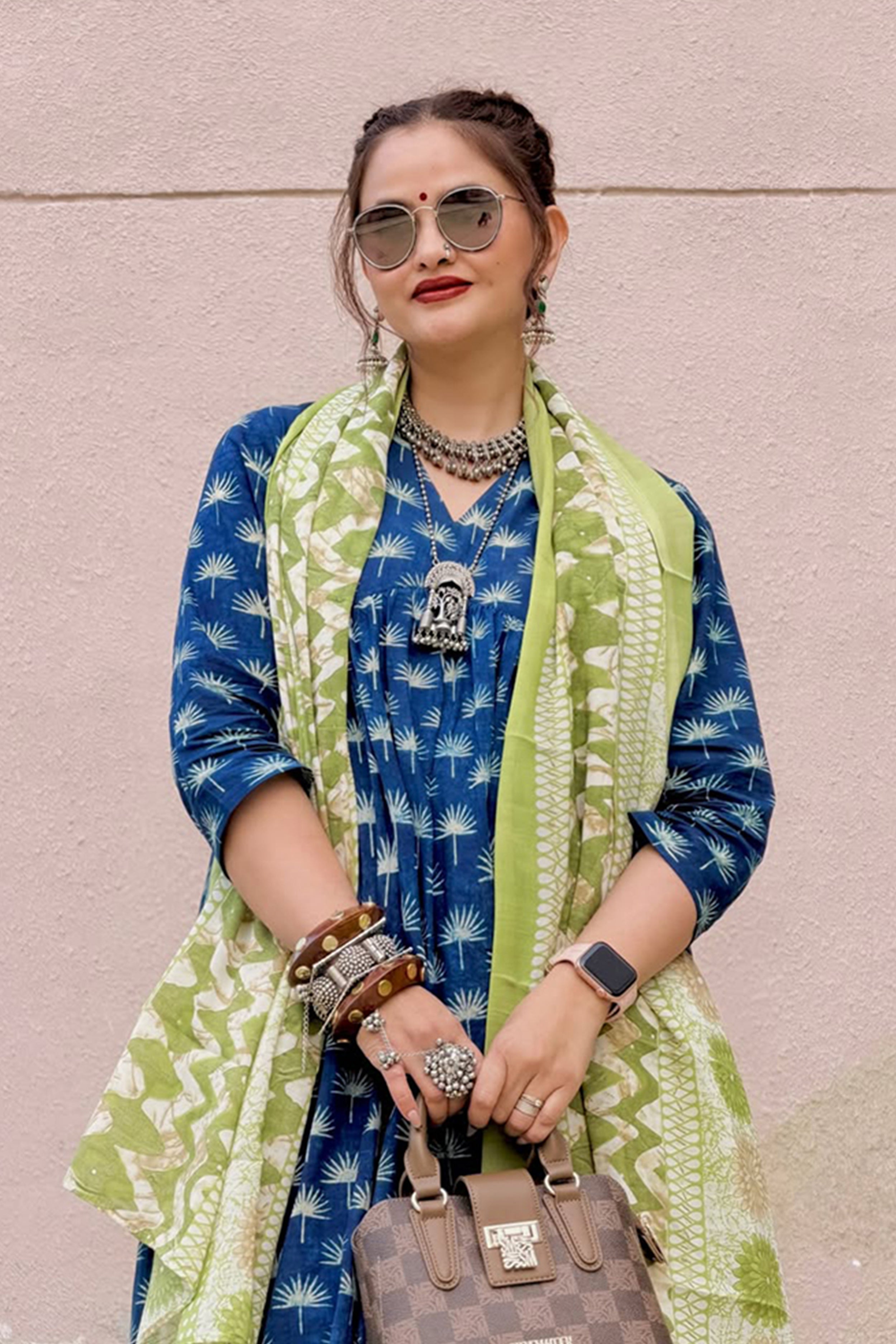 Maple Anarkali Ajrakh Cotton Kurta - Indigo