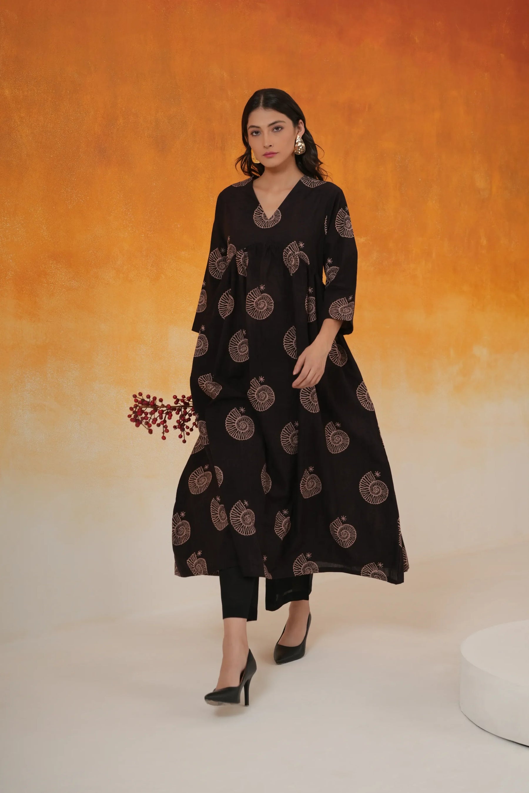 Conch Anarkali Ajrakh cotton kurta in black - World of Toji