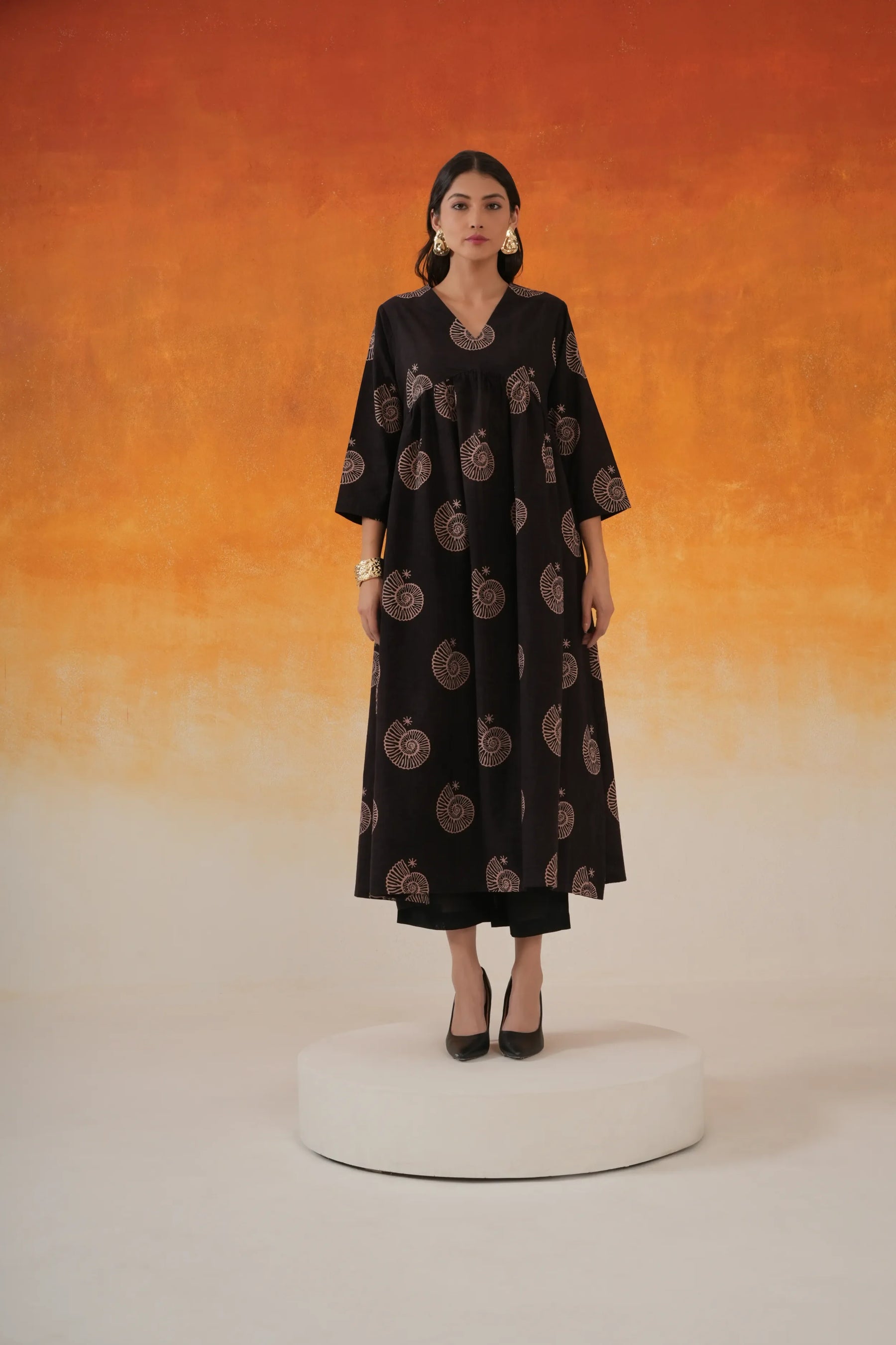 Conch Anarkali Ajrakh Block Print Cotton Kurta Black - World of Toji