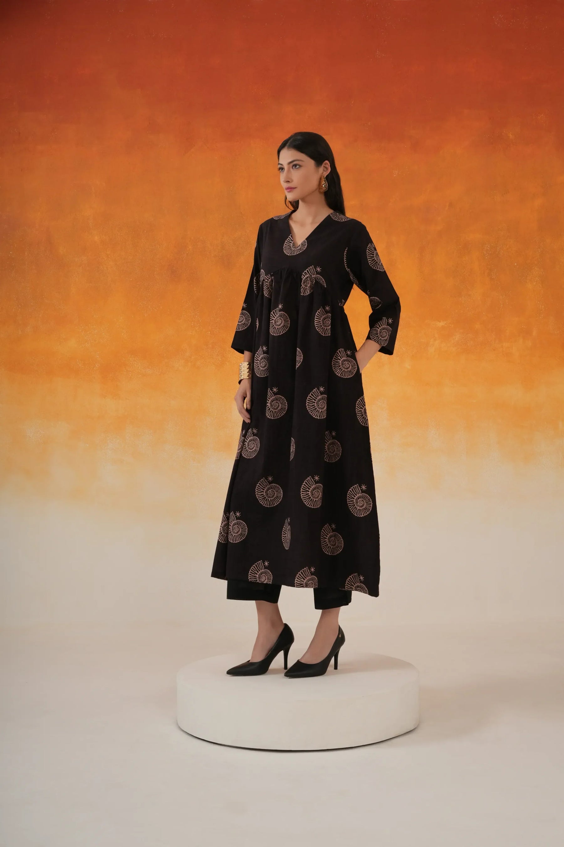 Conch Anarkali Ajrakh cotton kurta in black - World of Toji
