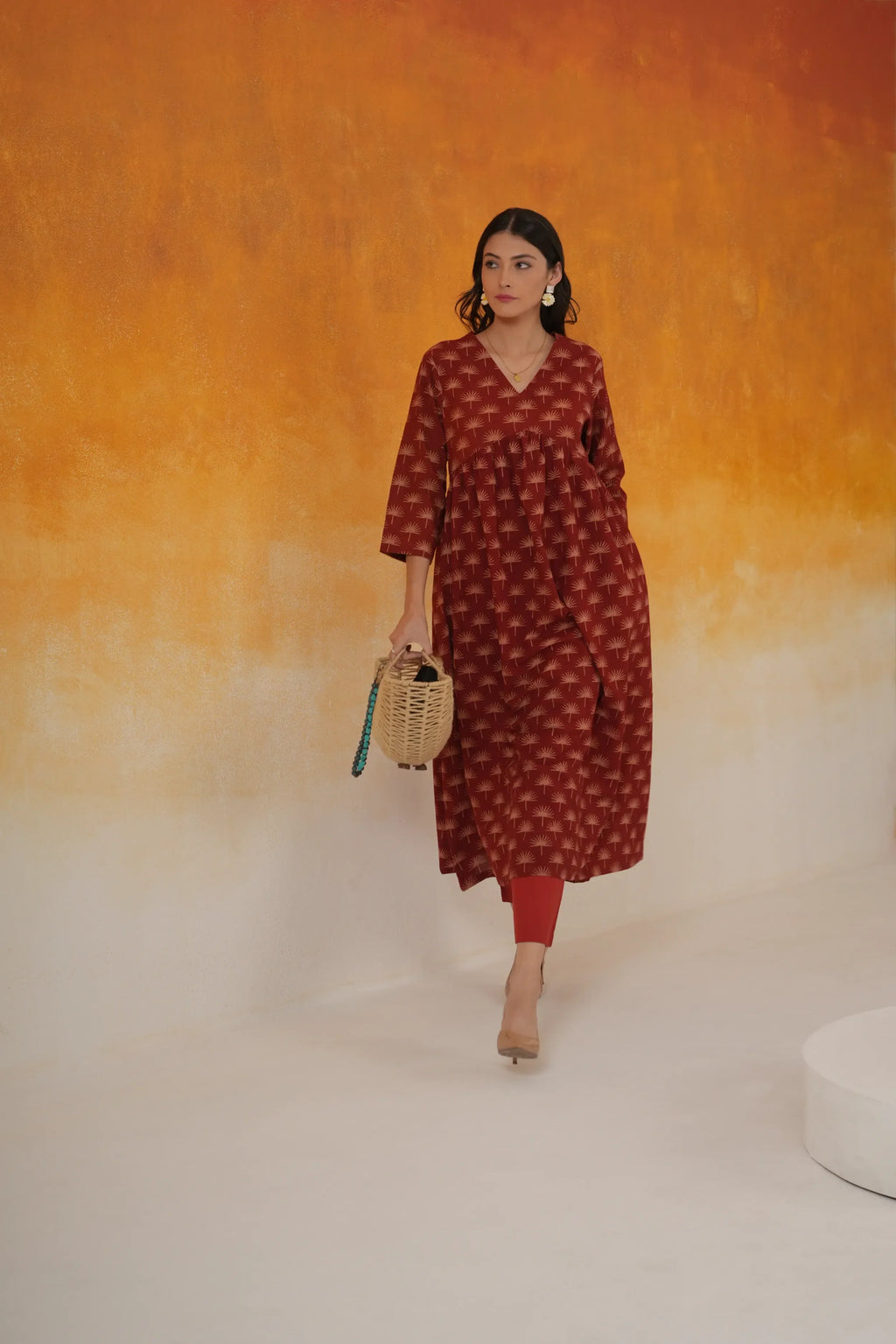 Maple Anarkali Ajrakh Cotton Kurta - Madder Red