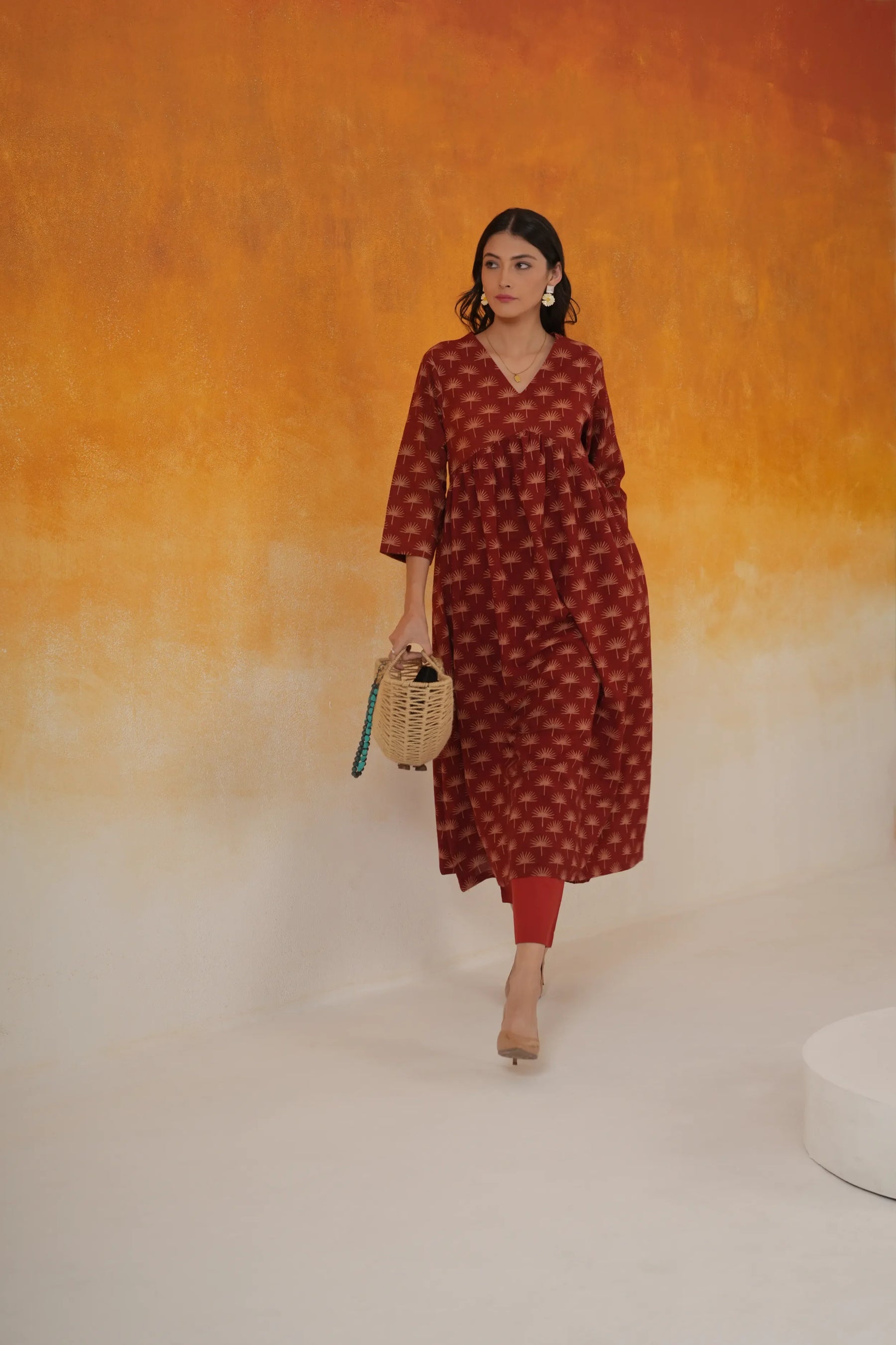 Maple Anarkali Ajrakh Block Print Cotton Kurta Madder Red Toji