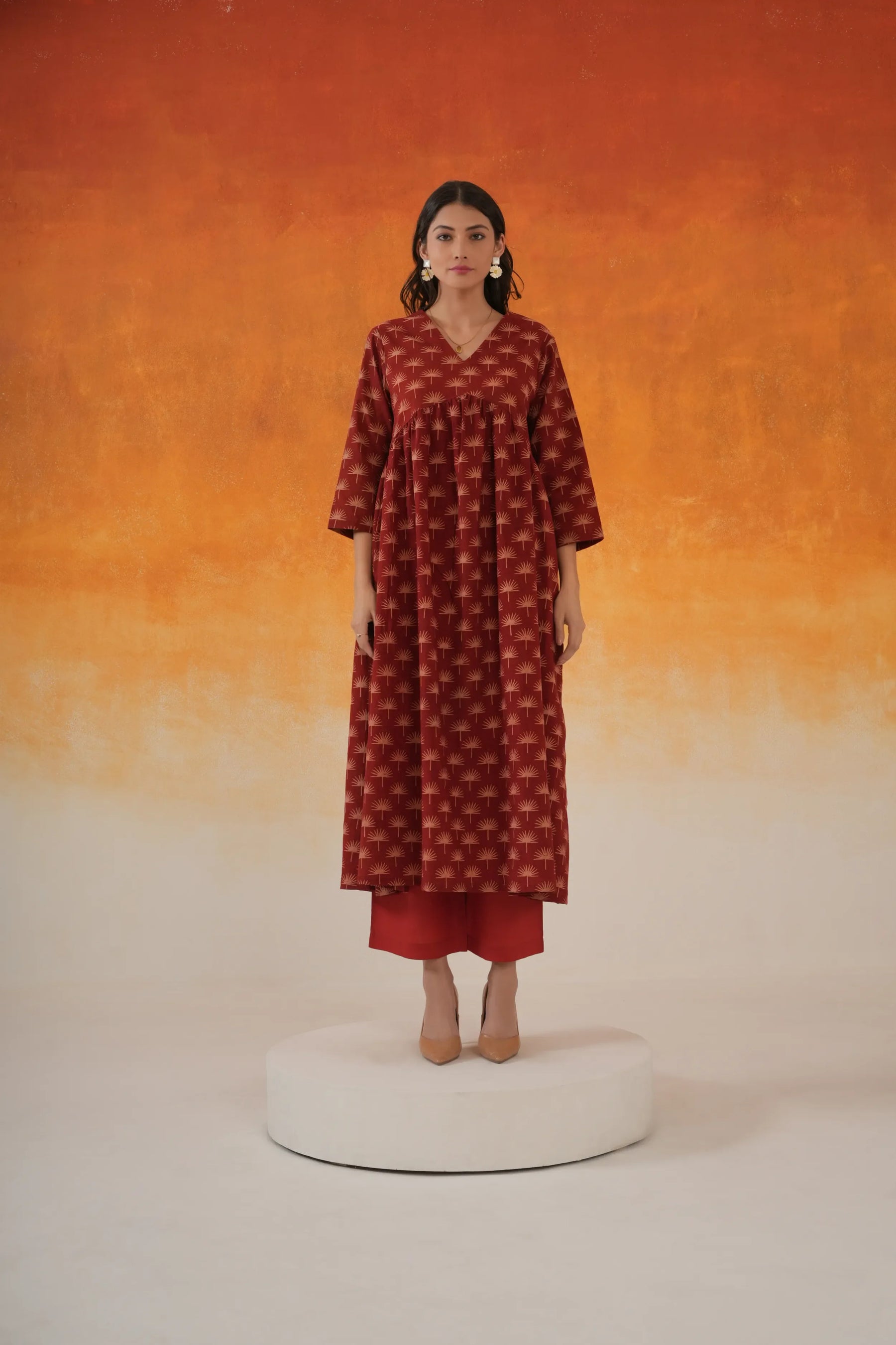 Maple Anarkali Ajrakh Block Print Cotton Kurta Madder Red Toji
