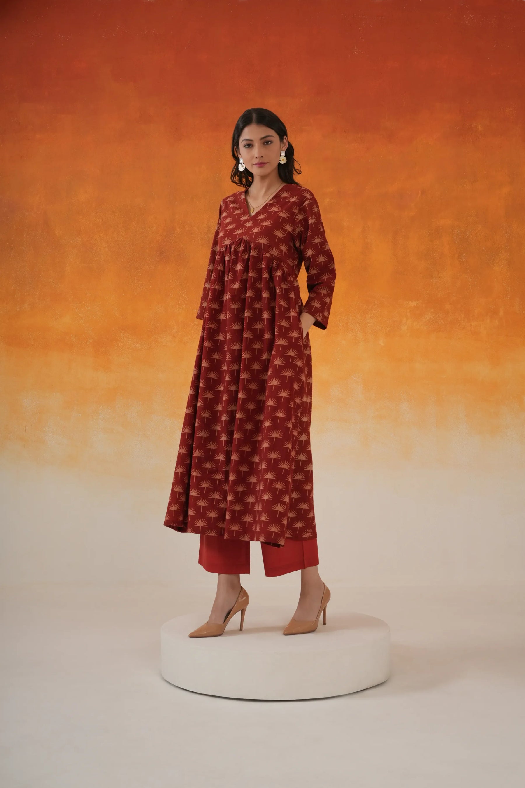 Maple Anarkali Ajrakh Block Print Cotton Kurta Madder Red Toji