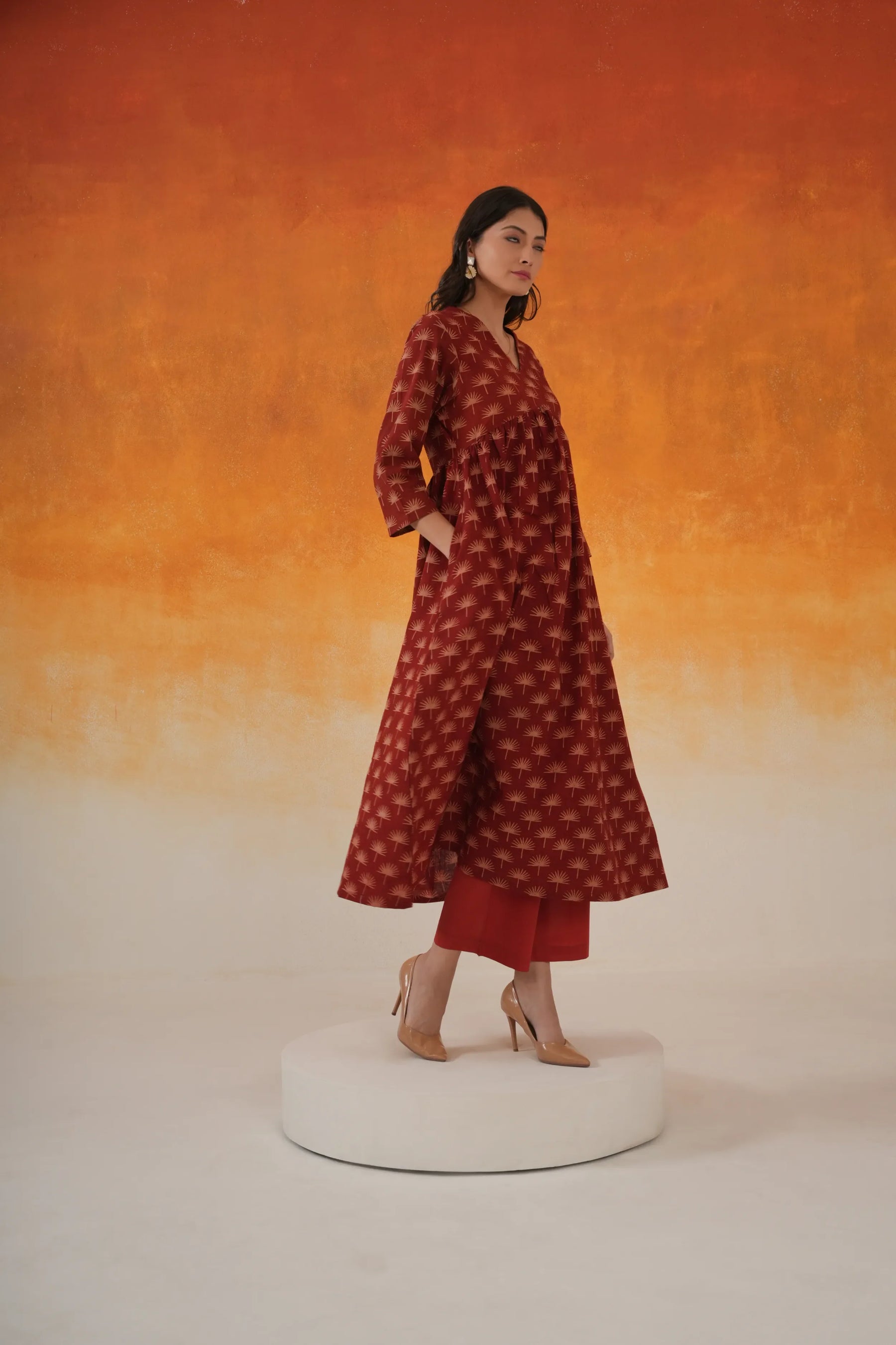 Maple Anarkali Ajrakh Block Print Cotton Kurta Madder Red Toji