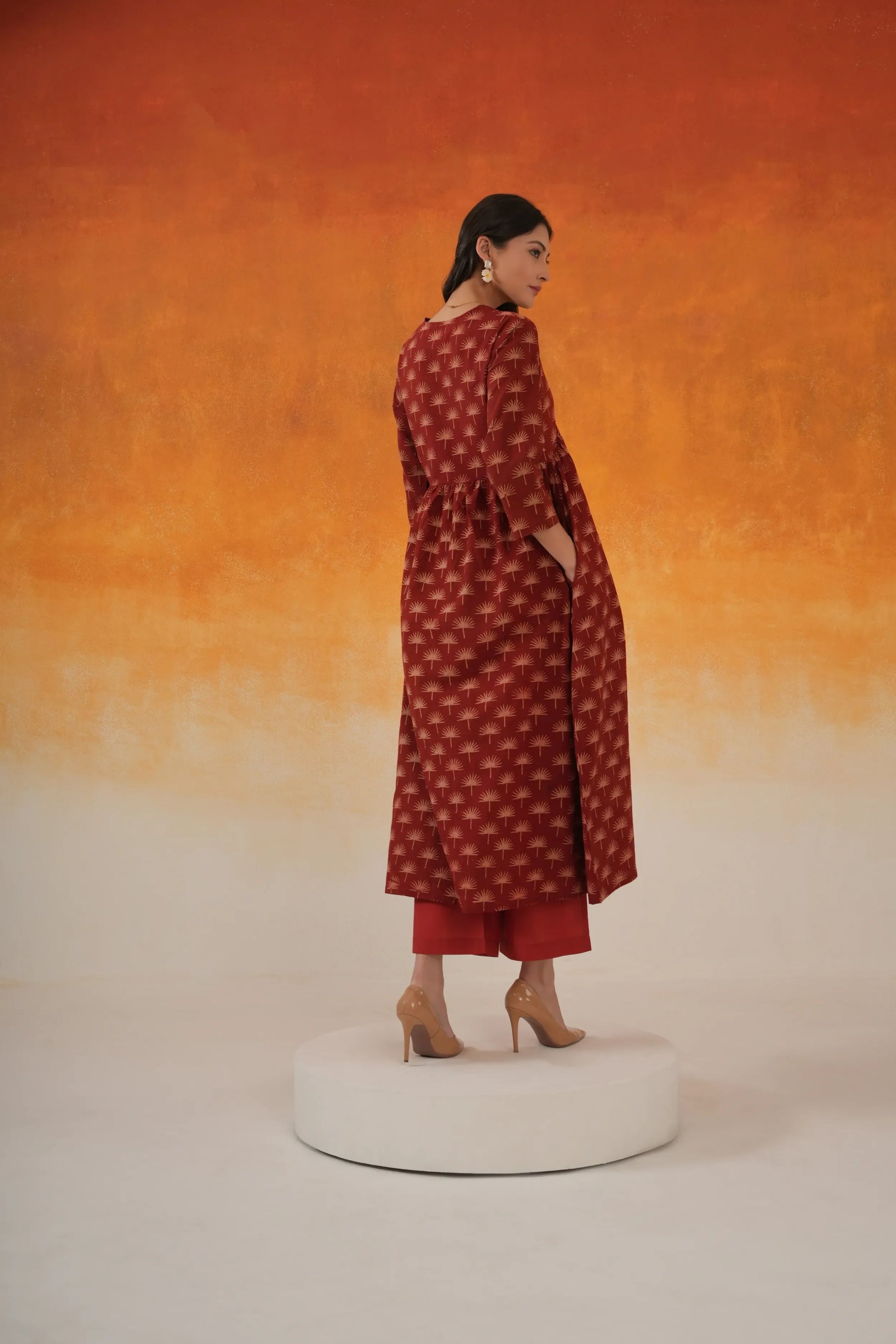 Maple Anarkali Ajrakh Block Print Cotton Kurta Madder Red Toji