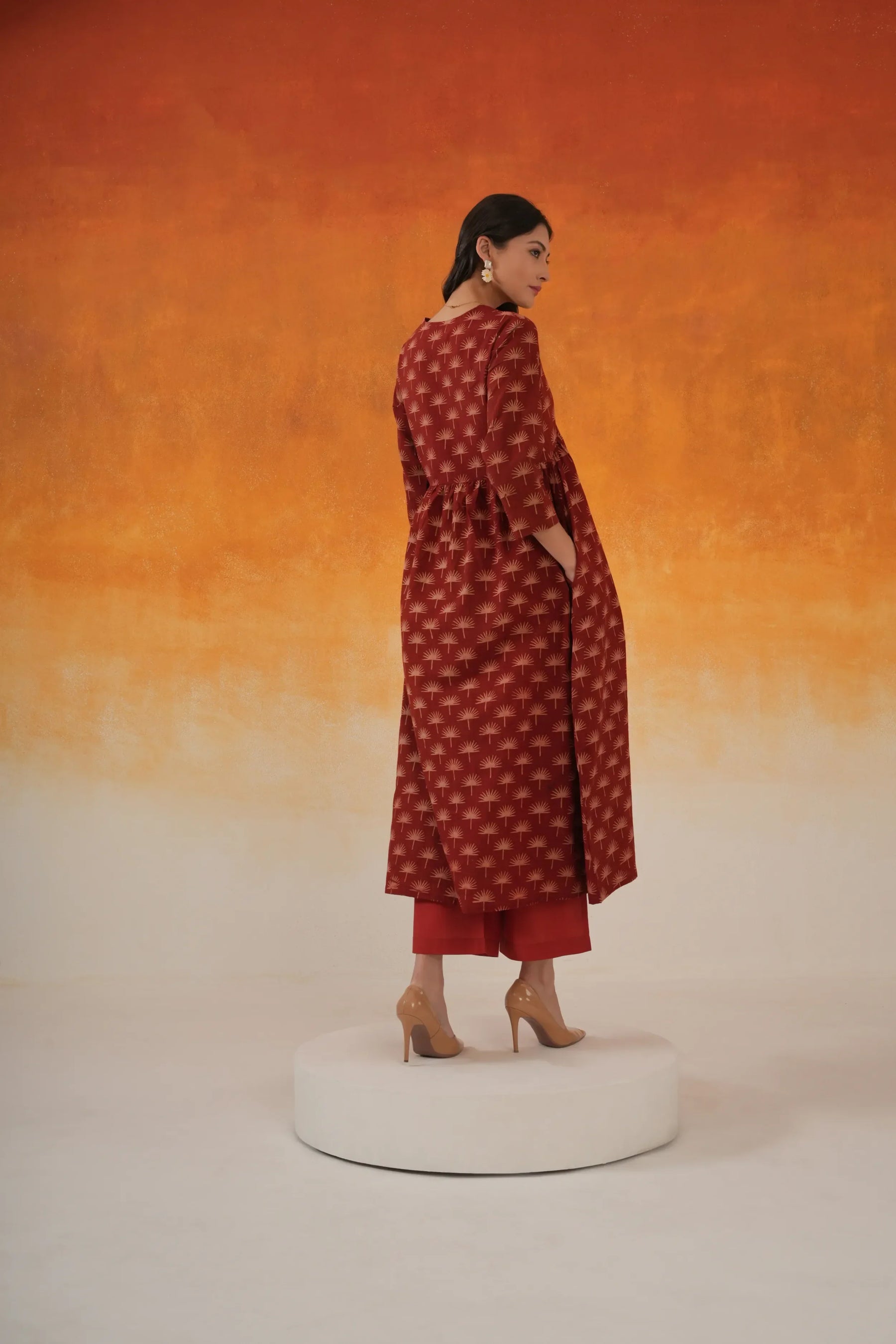 Maple Anarkali Ajrakh cotton kurta in madder red - World of Toji