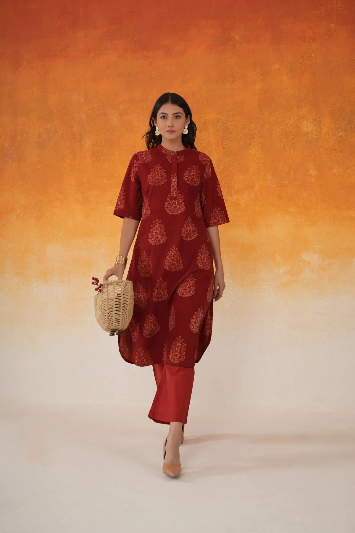 Madder red Pine A-line Ajrakh cotton kurta set - World of Toji