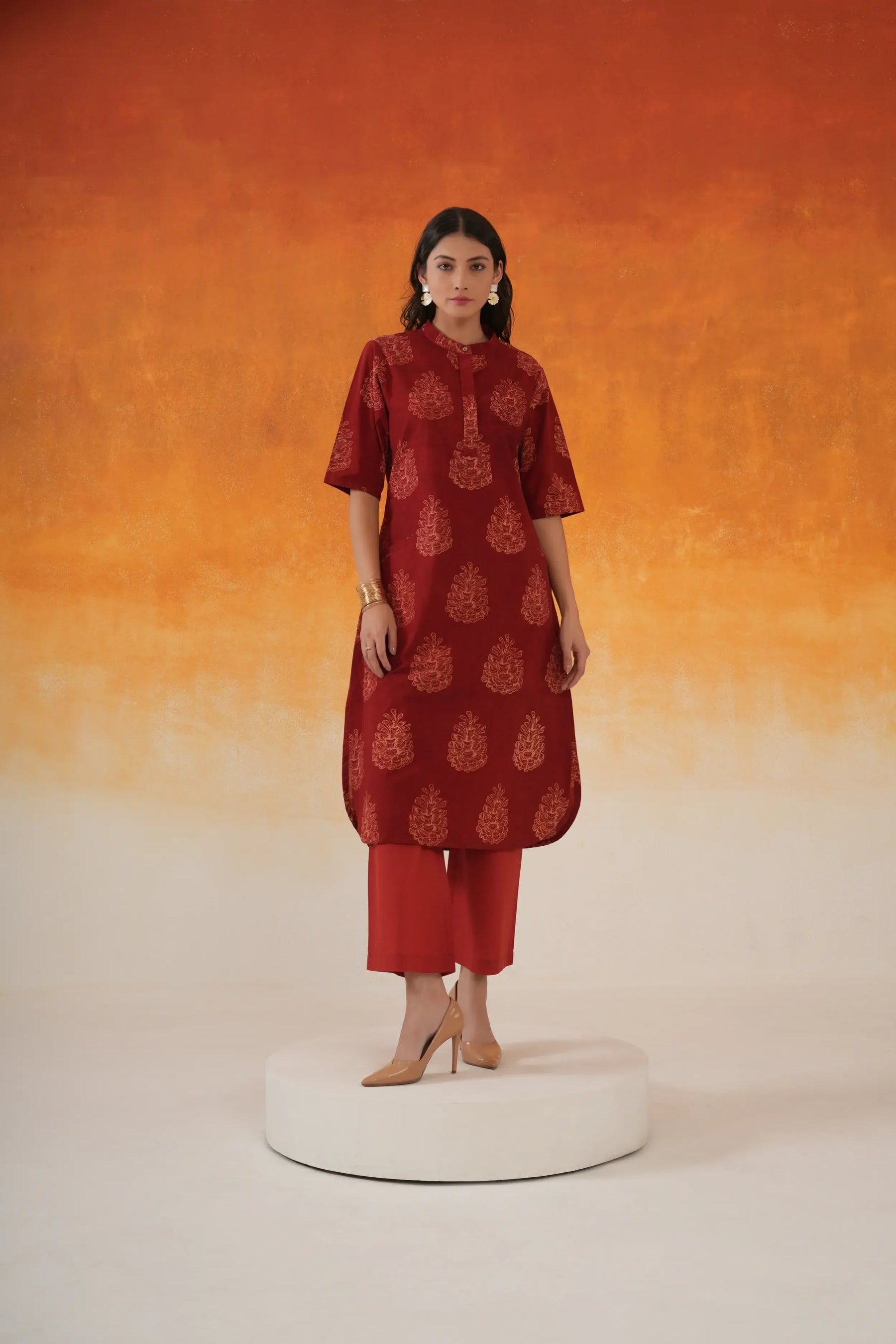 Pine A-line Ajrakh cotton kurta in madder red - World of Toji