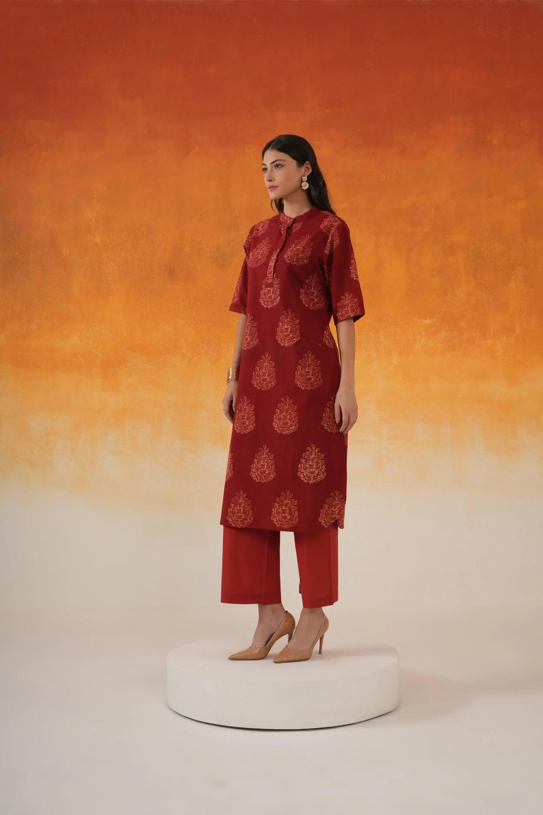 Pine A-line Ajrakh cotton kurta in madder red - World of Toji