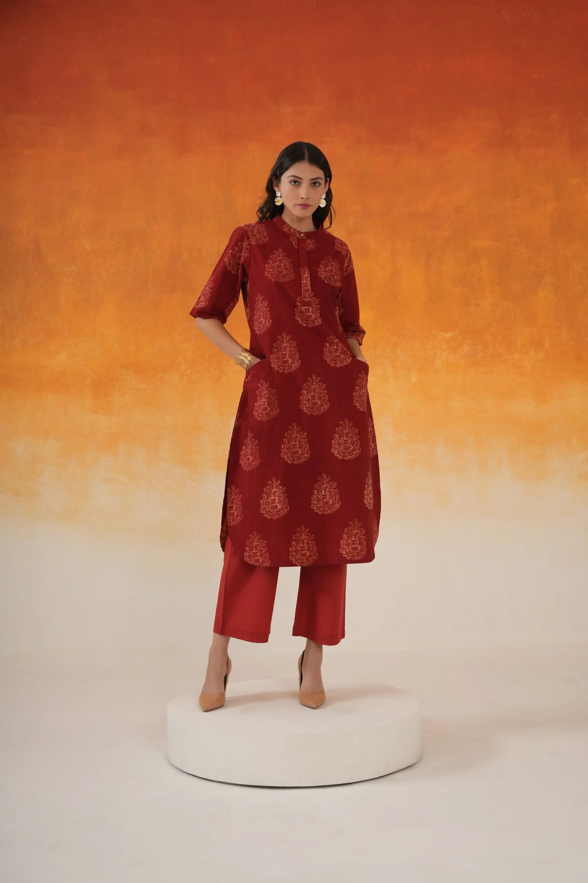 Madder red Pine A-line Ajrakh cotton kurta set - World of Toji