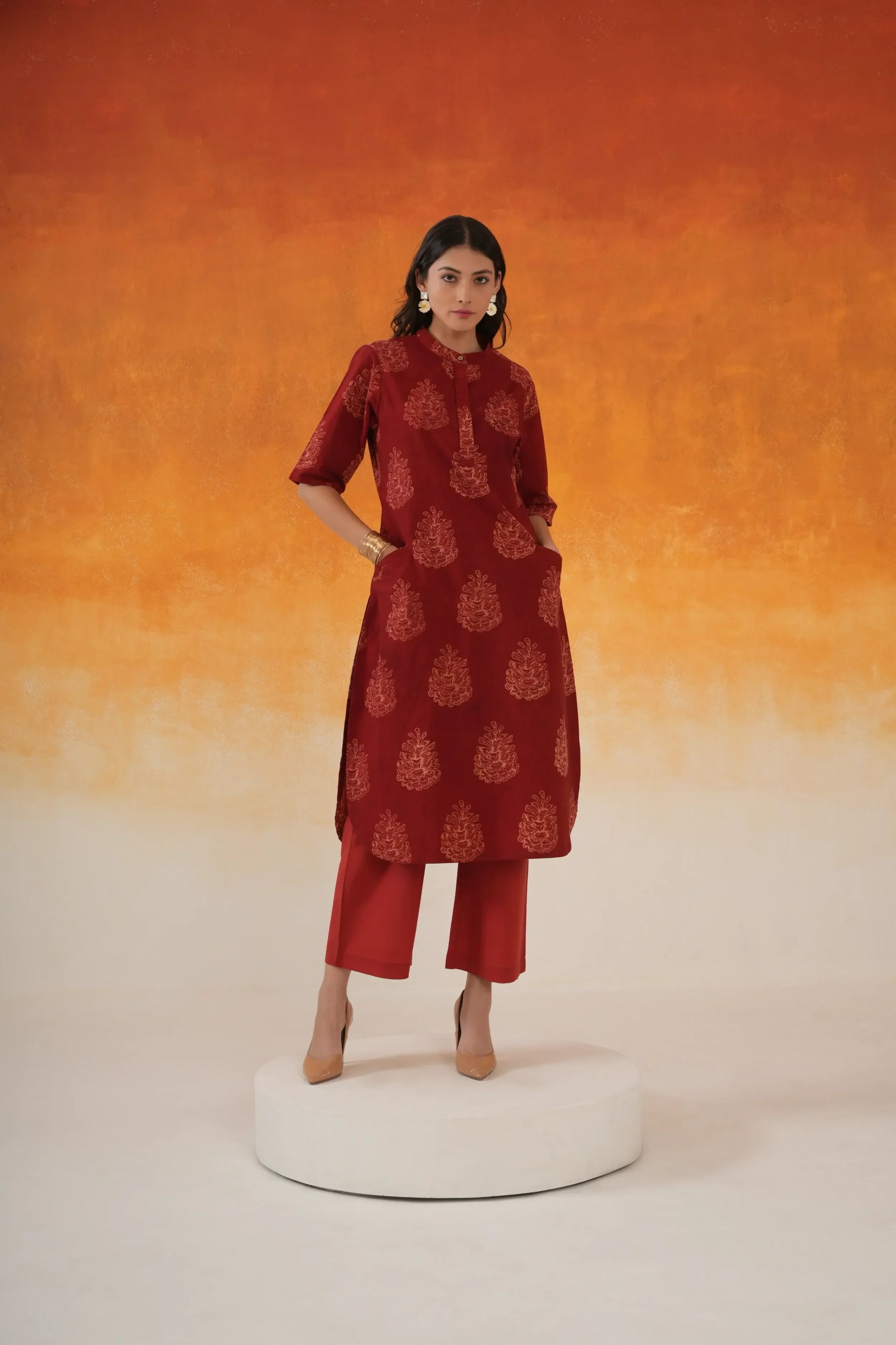 Pine A-line Ajrakh cotton kurta in madder red - World of Toji