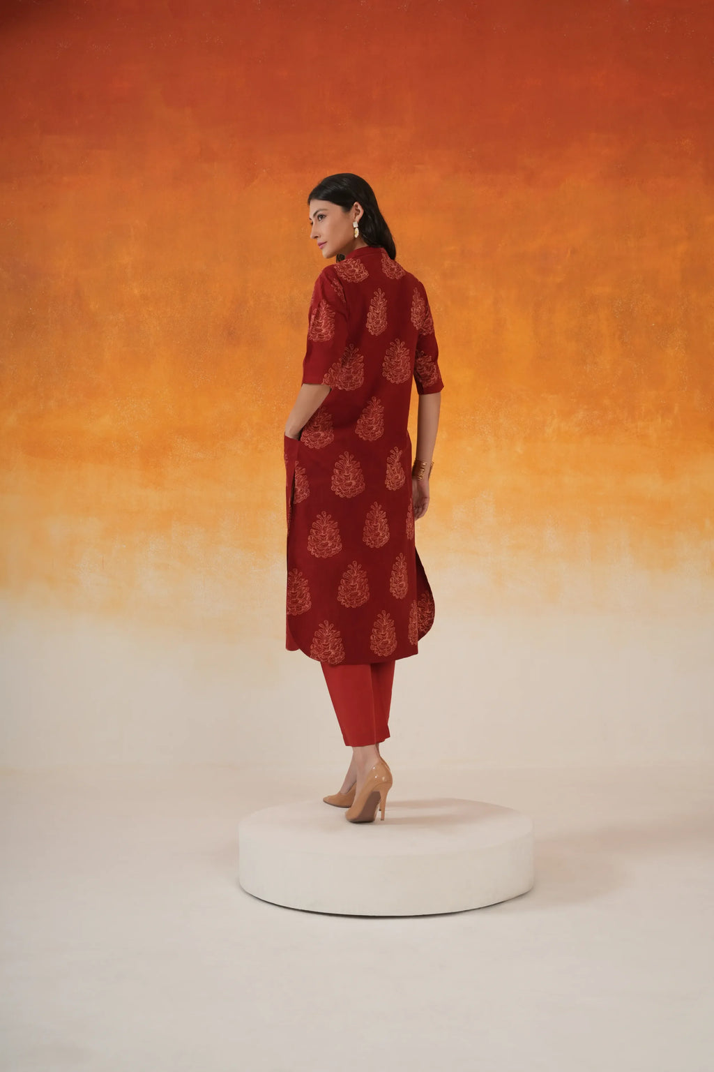 Madder red Pine A-line Ajrakh cotton kurta set