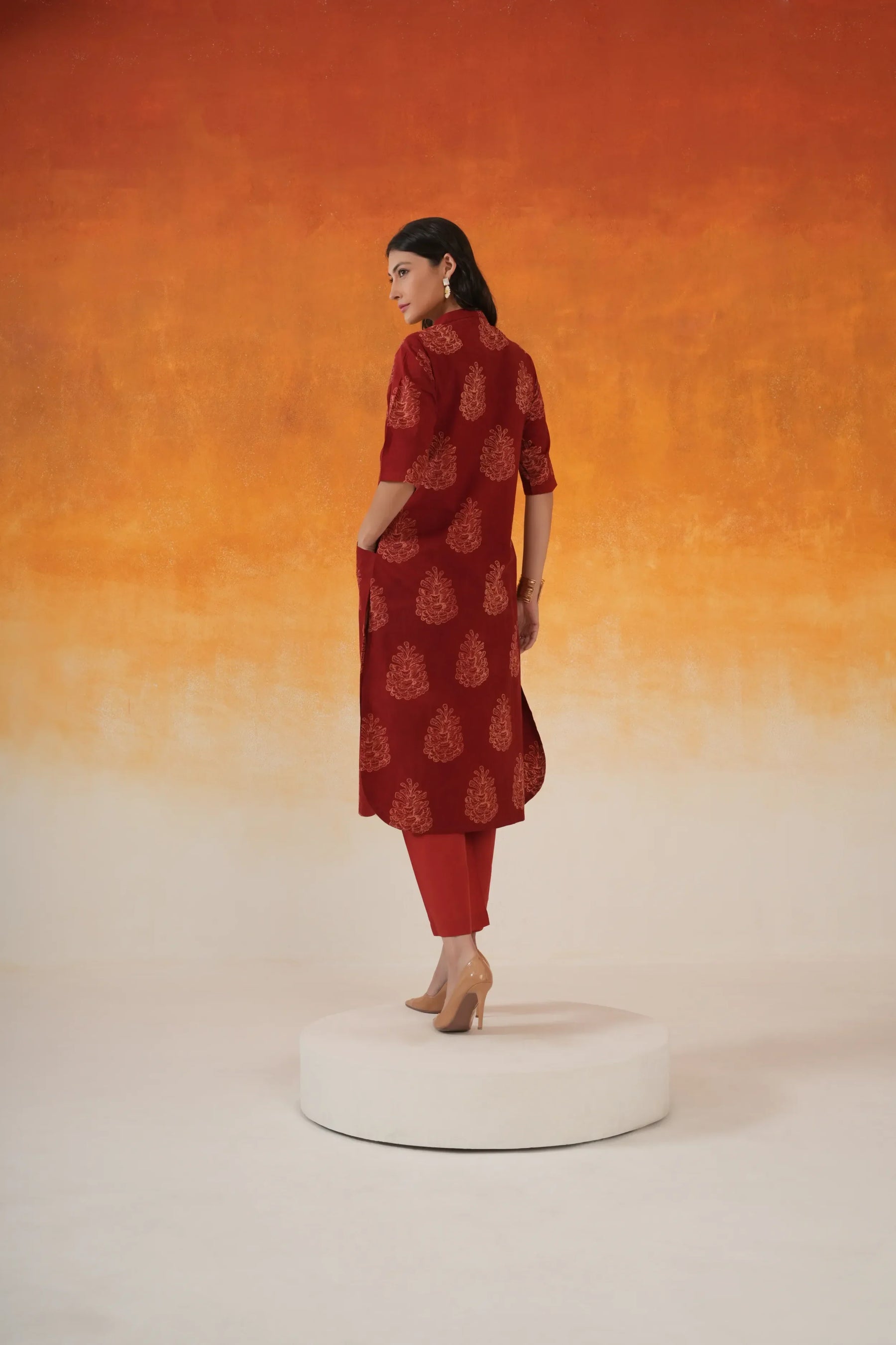 Pine A-line Ajrakh cotton kurta in madder red - World of Toji