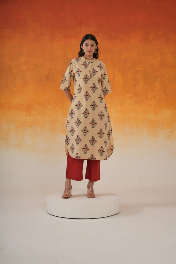 Buta A-line Ajrakh Cotton Kurta Set - Ivory