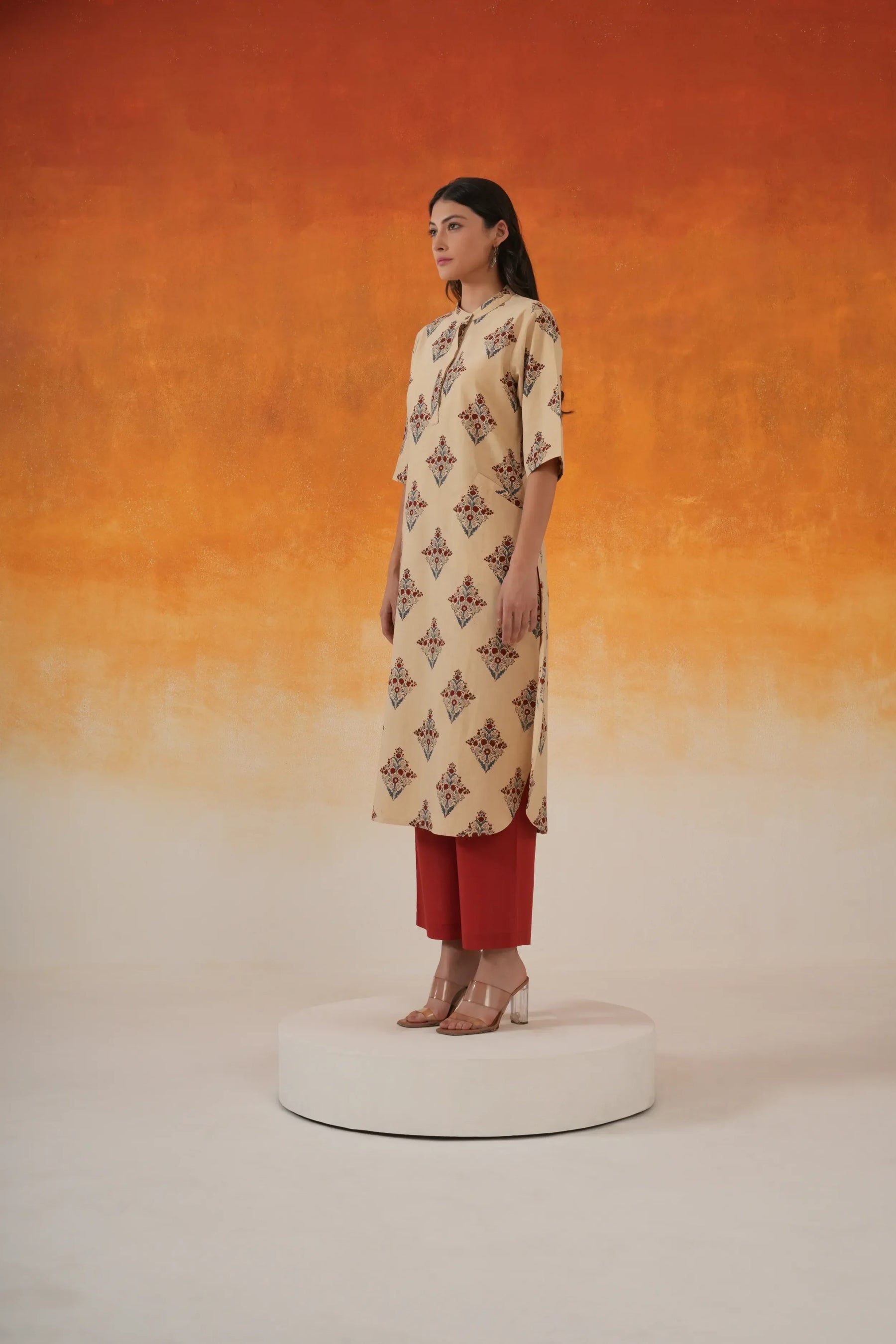 Buta A-line Ajrakh cotton kurta in ivory - World of Toji