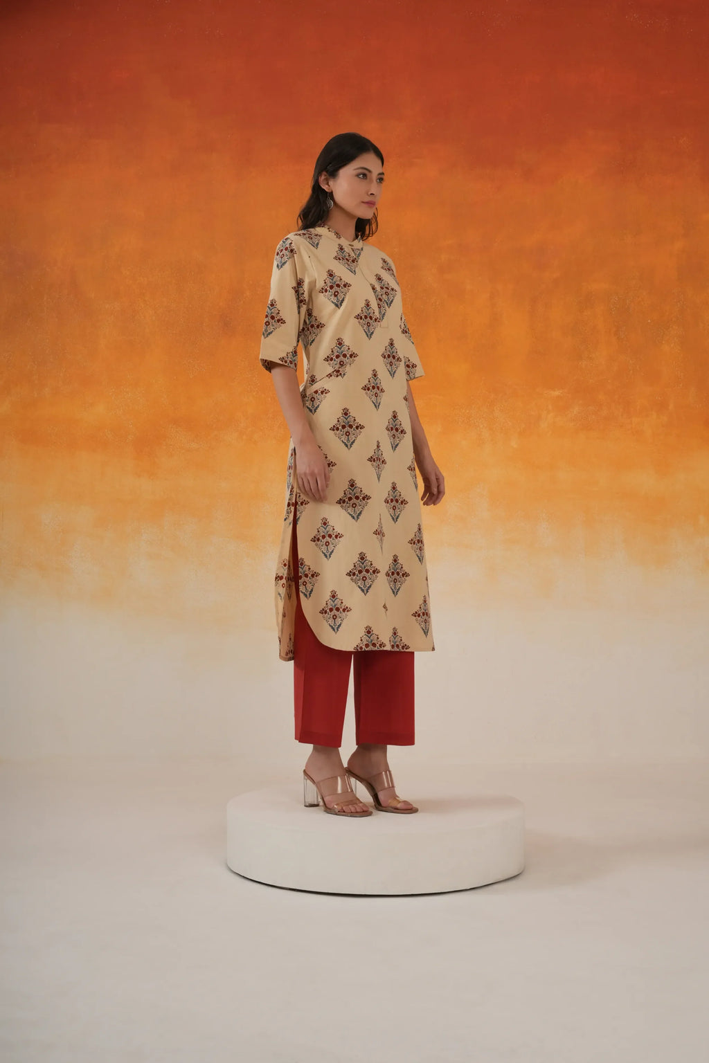 Buta A-line Ajrakh Cotton Kurta - Ivory
