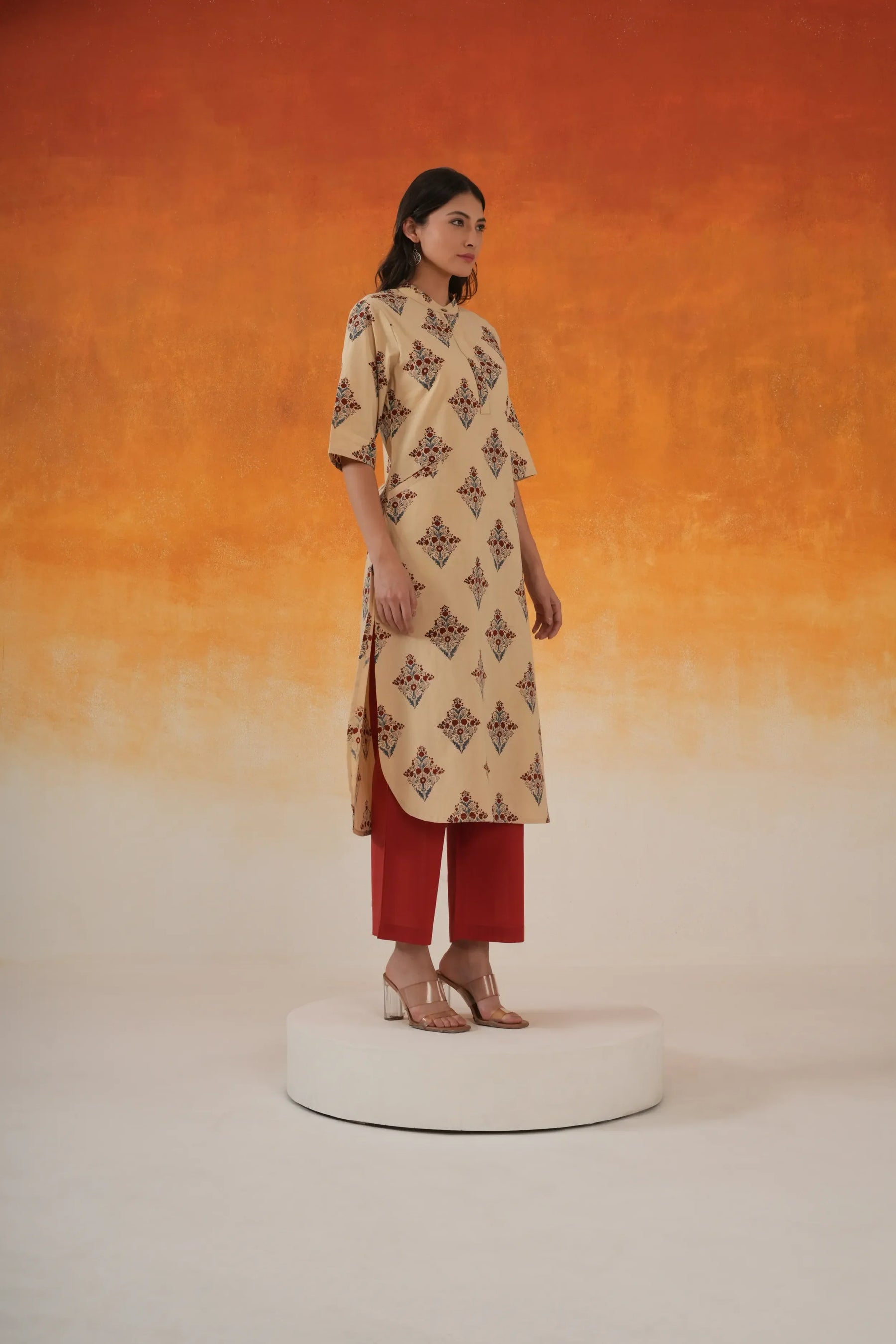 Buta A-line Ajrakh cotton kurta in ivory - World of Toji