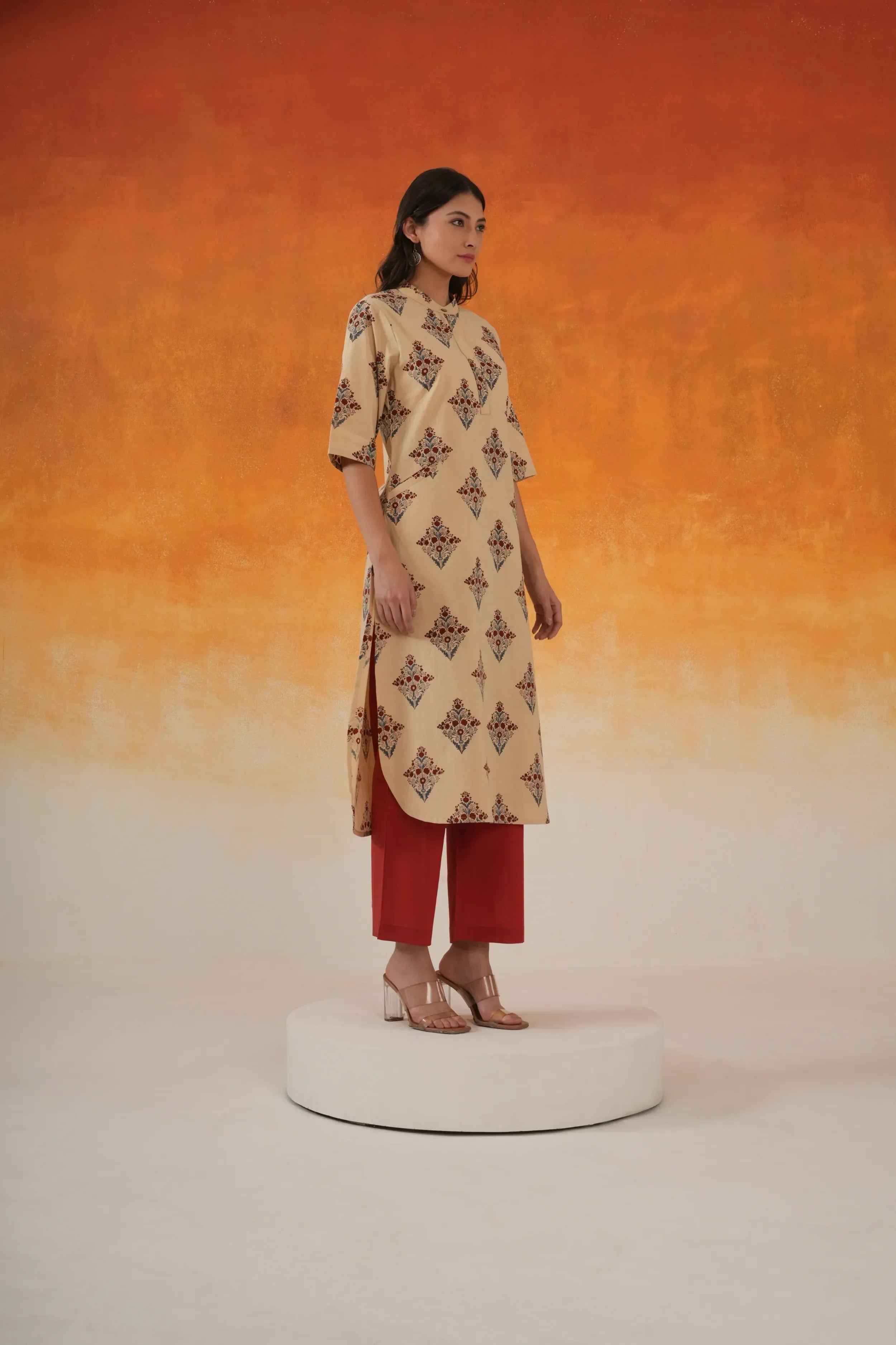 Buta A-line Ajrakh Cotton Kurta - Ivory