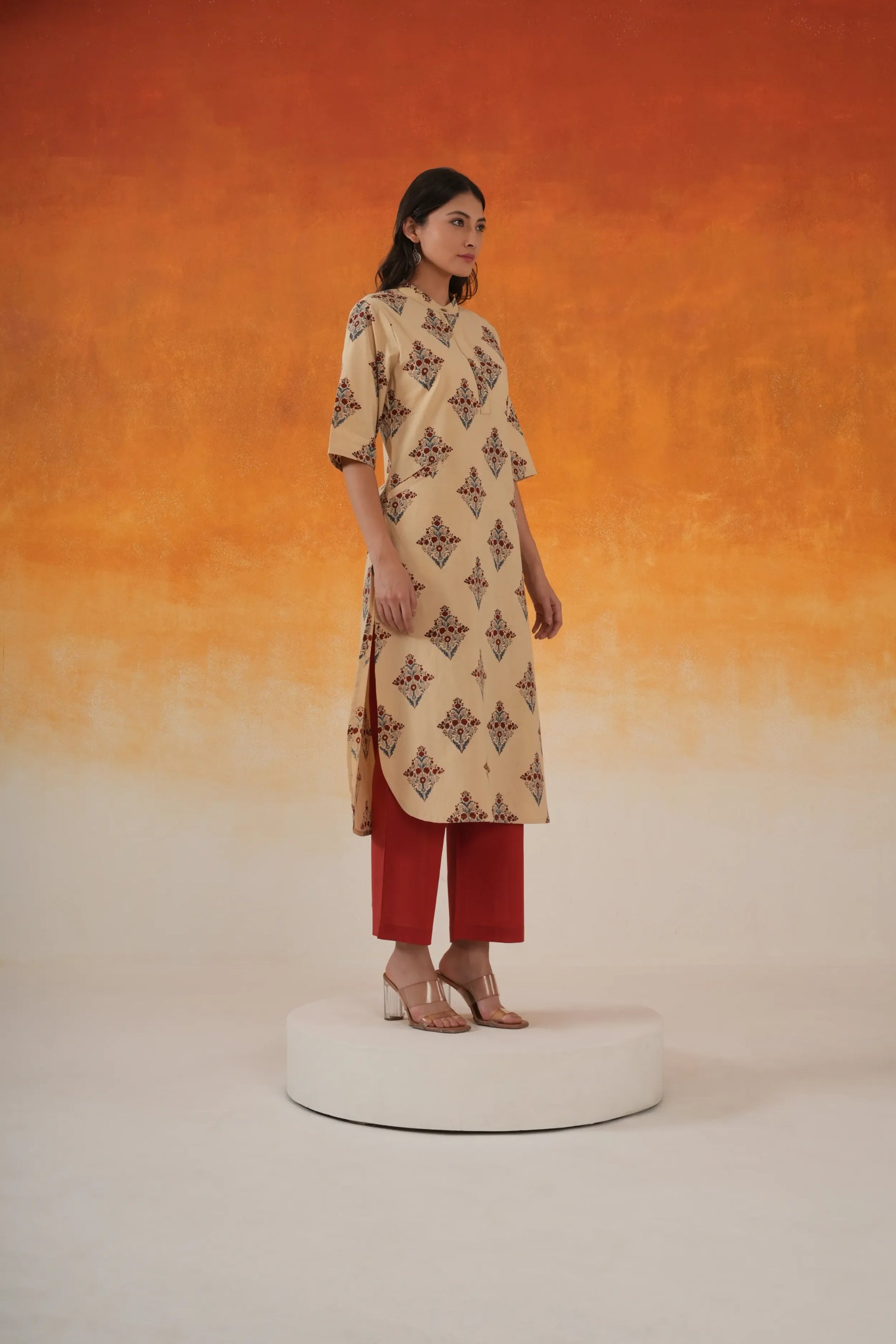 Ivory Buta A-line Ajrakh cotton kurta set for women - World of Toji