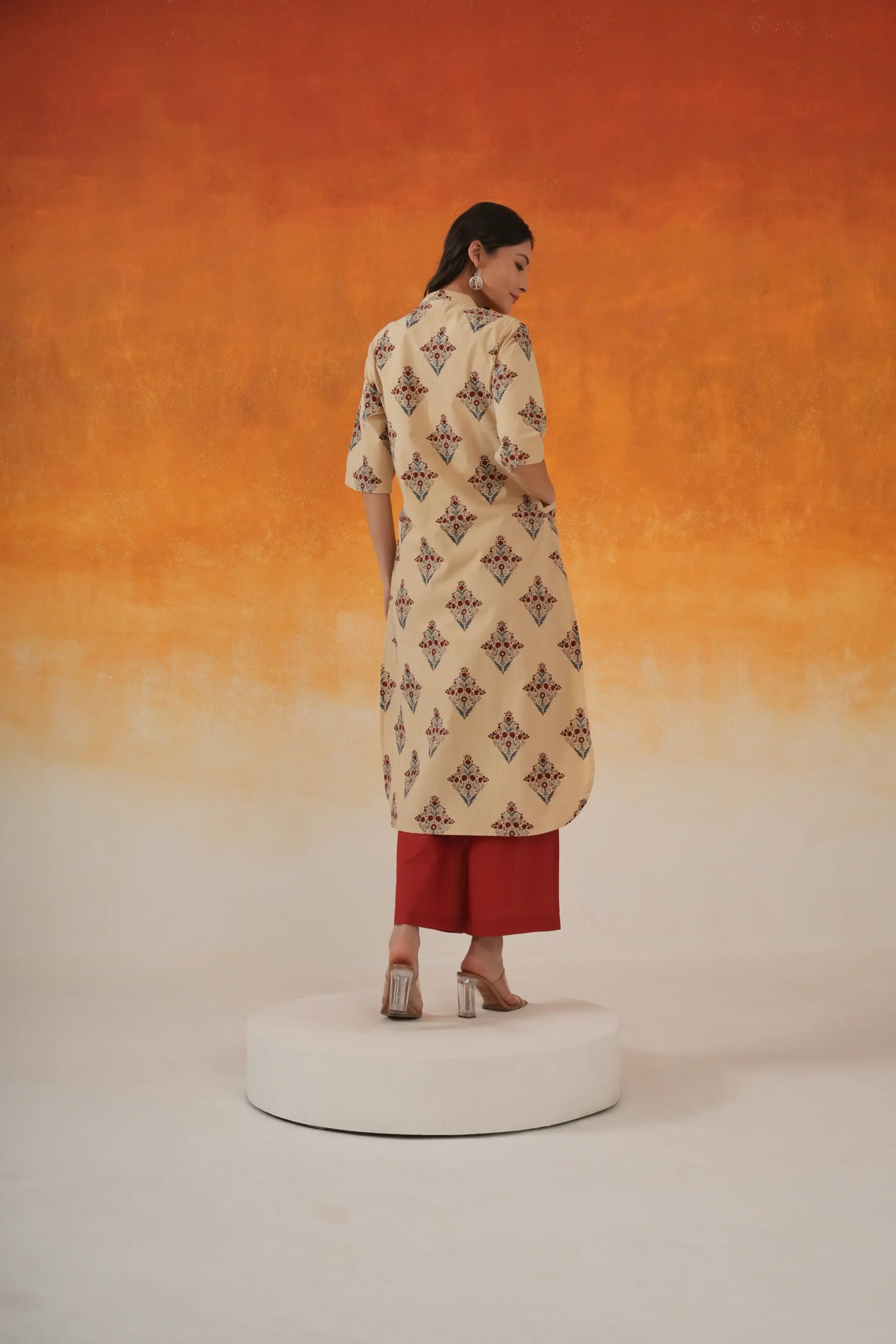 Buta A-line Ajrakh Cotton Kurta - Ivory
