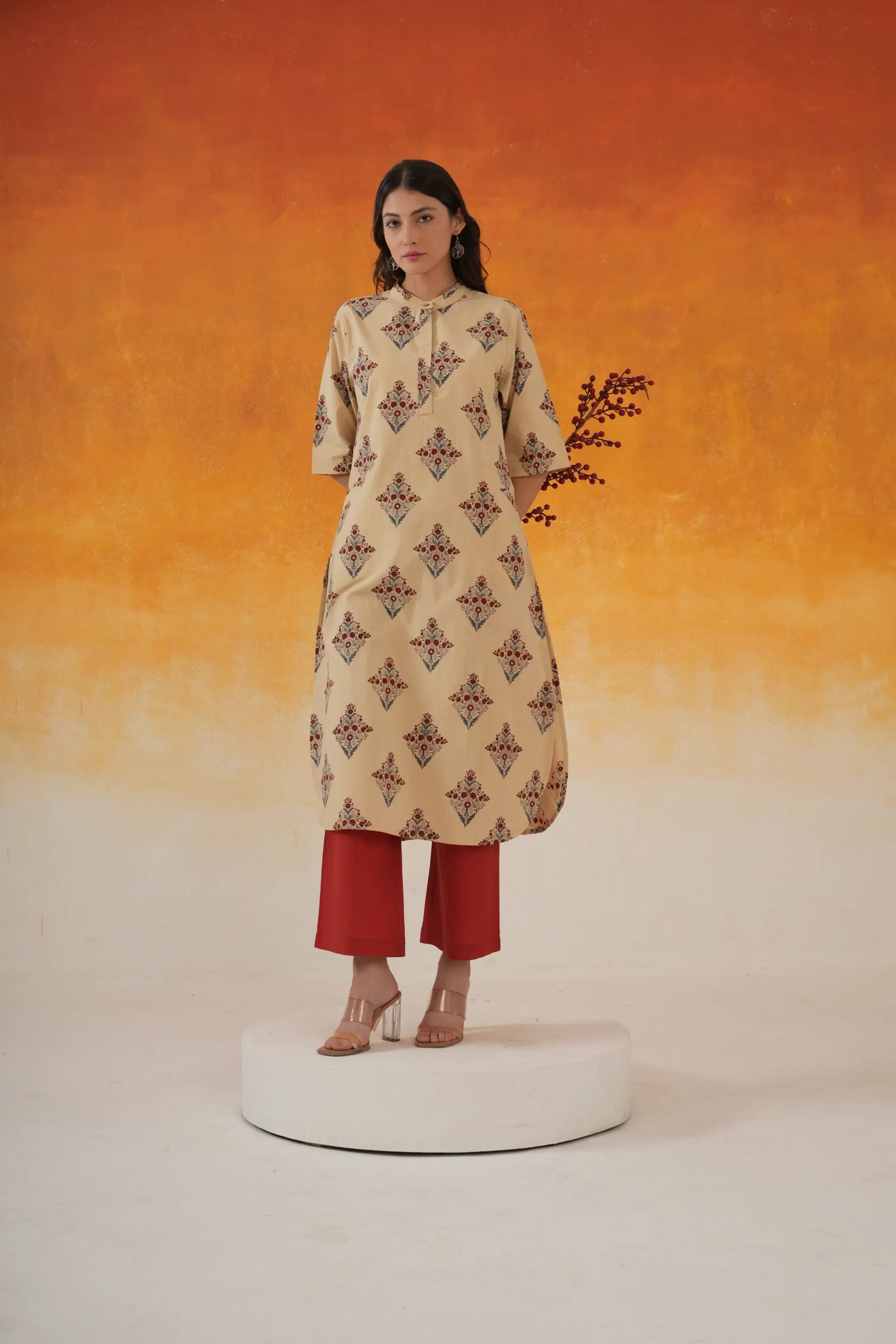 Buta A-line Ajrakh cotton kurta in ivory - World of Toji