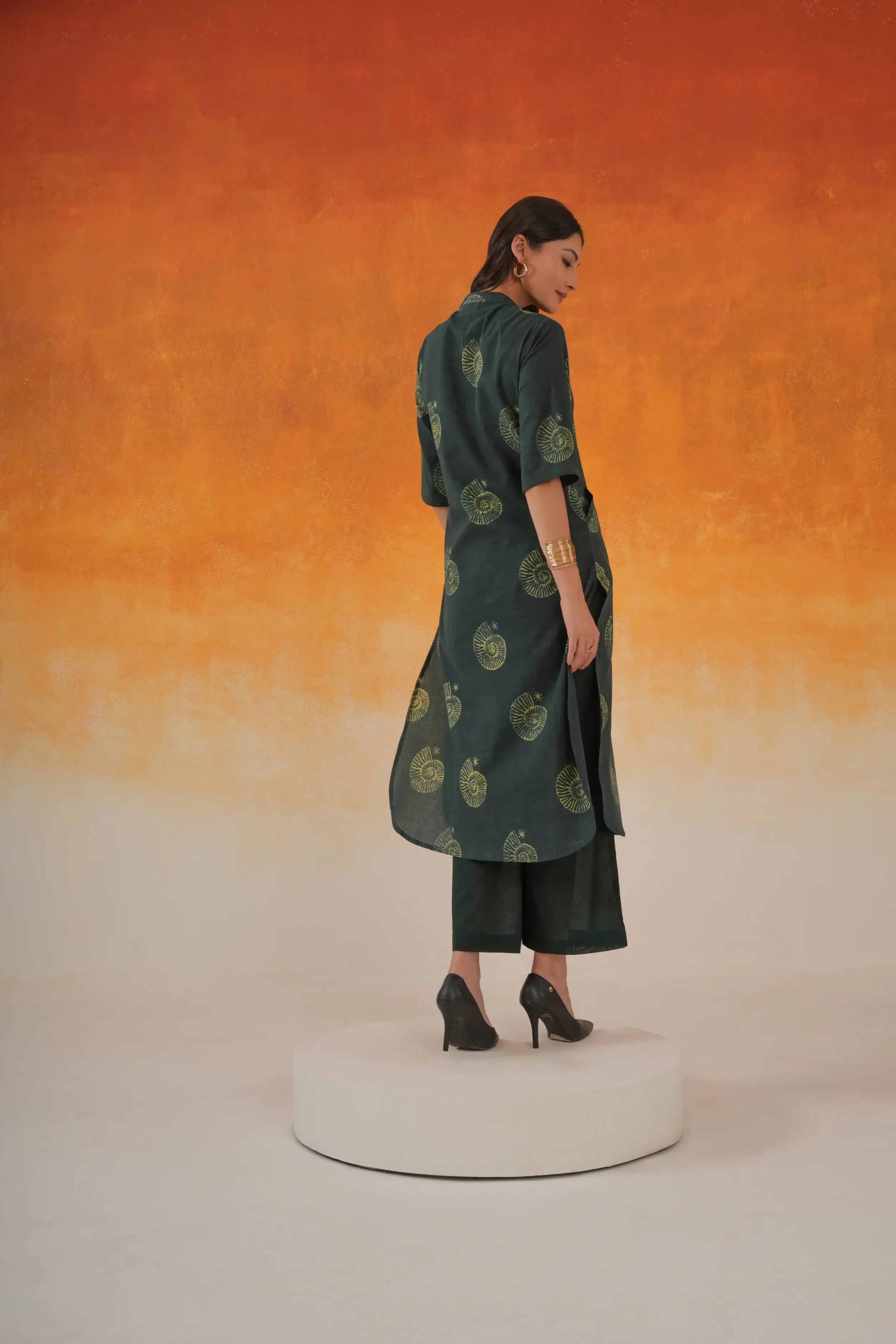 Bottle green Conch A-line Ajrakh cotton kurta set