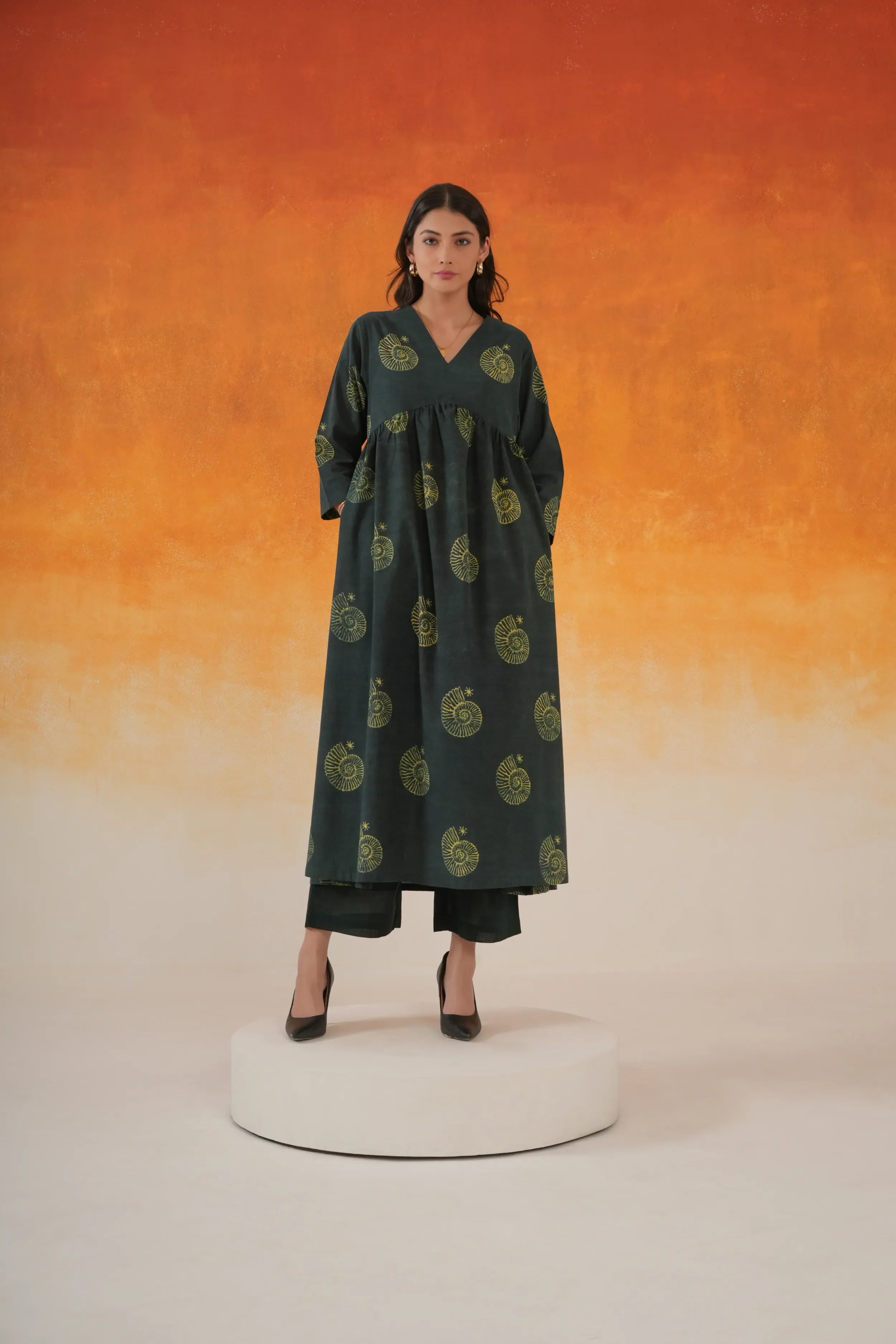 Conch Anarkali Ajrakh cotton kurta set bottle green