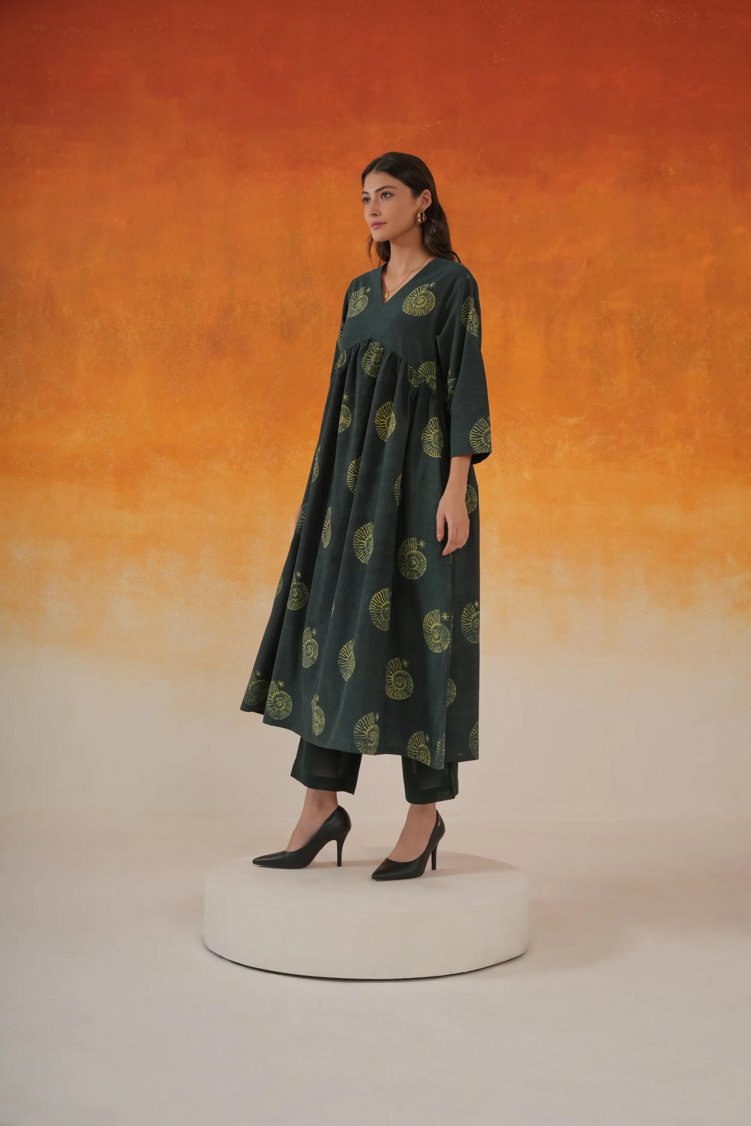 Conch Anarkali Ajrakh cotton kurta set bottle green