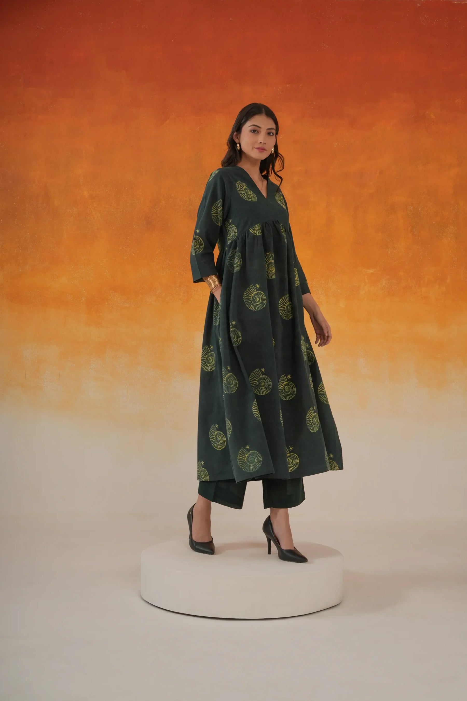 Conch Anarkali Ajrakh cotton kurta in bottle green - World of Toji