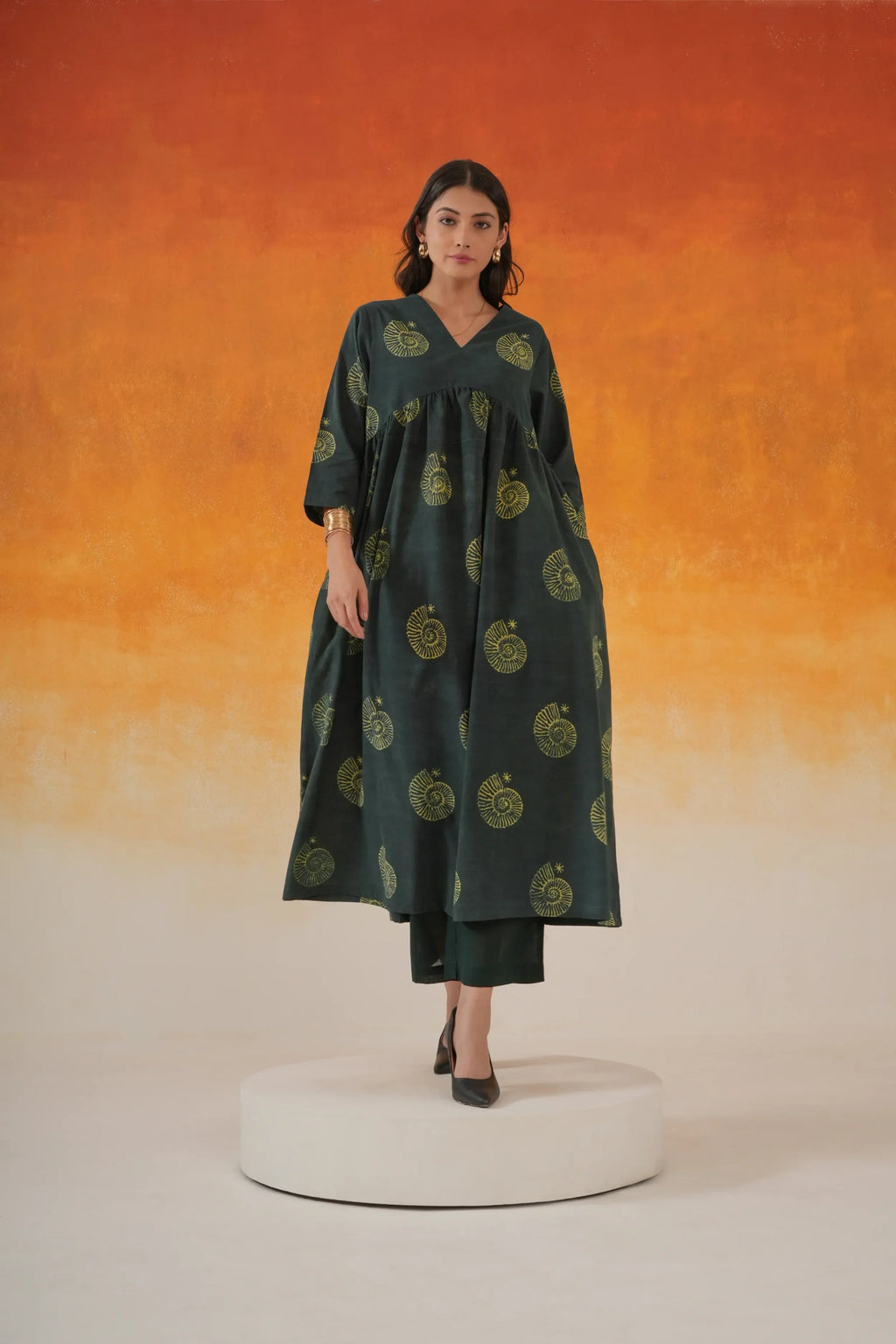Conch Anarkali Ajrakh Cotton Kurta - Bottle Green