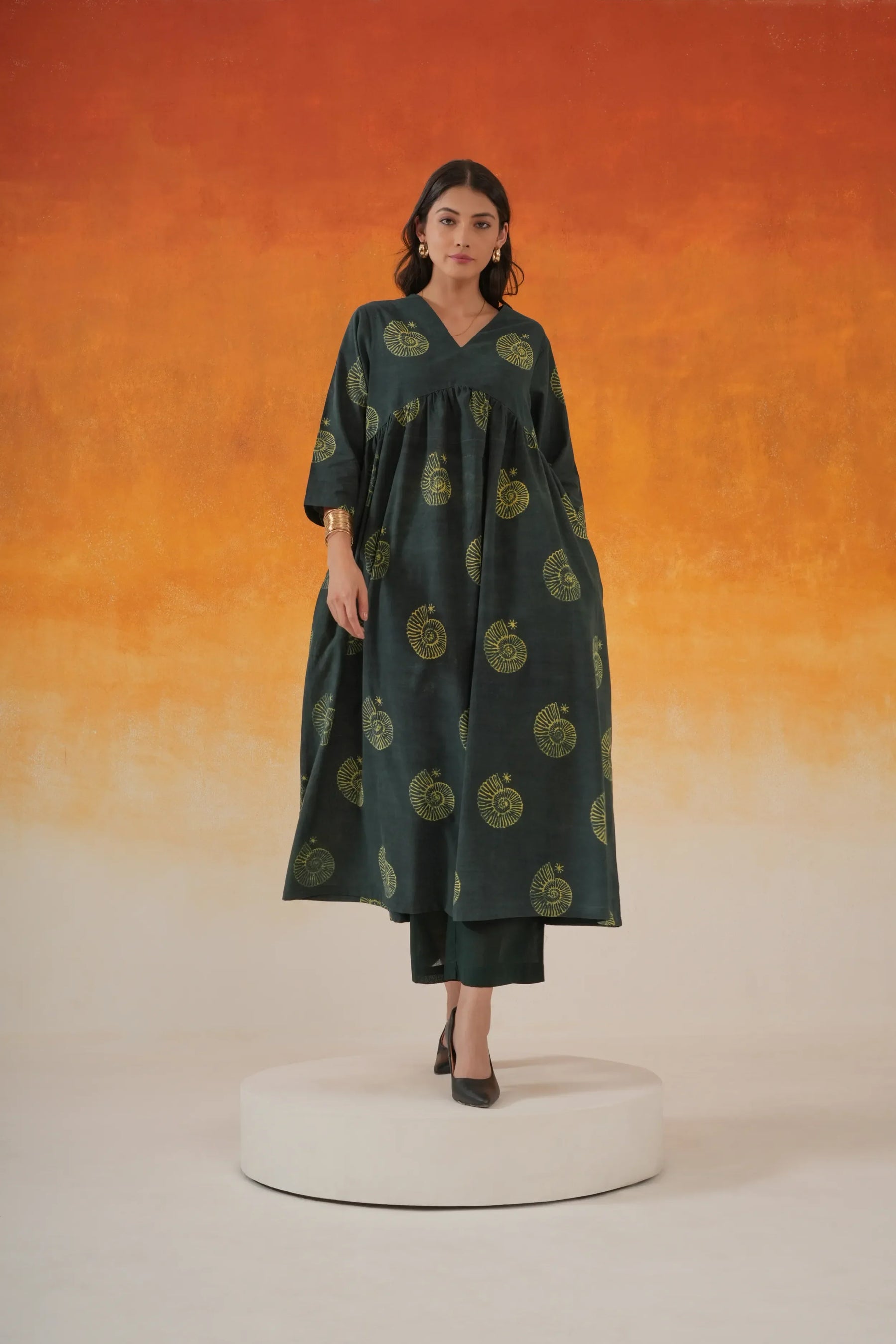 Conch Anarkali Ajrakh cotton kurta in bottle green - World of Toji