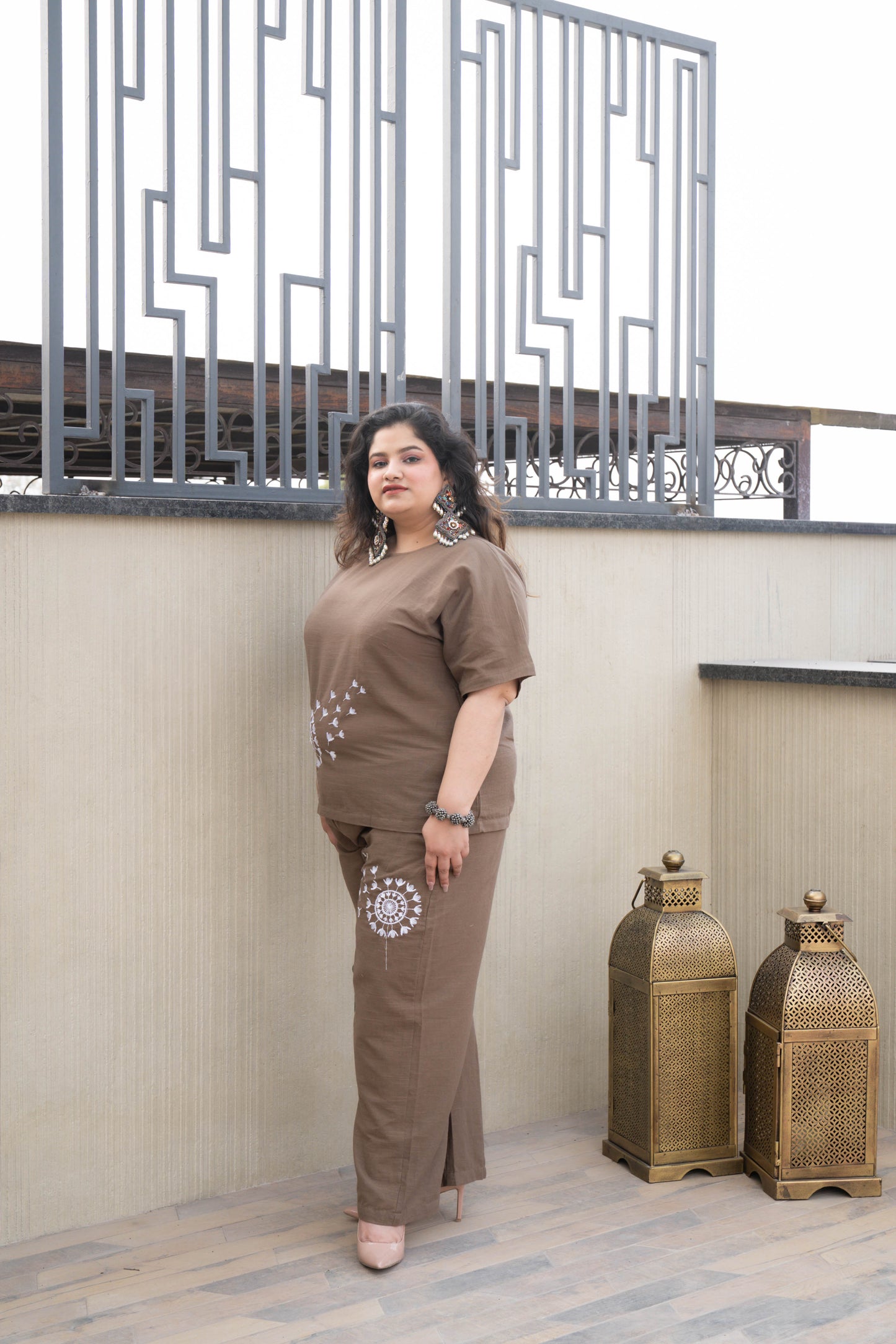 Dandelion Brown Embroidered Cotton Co-ord Set