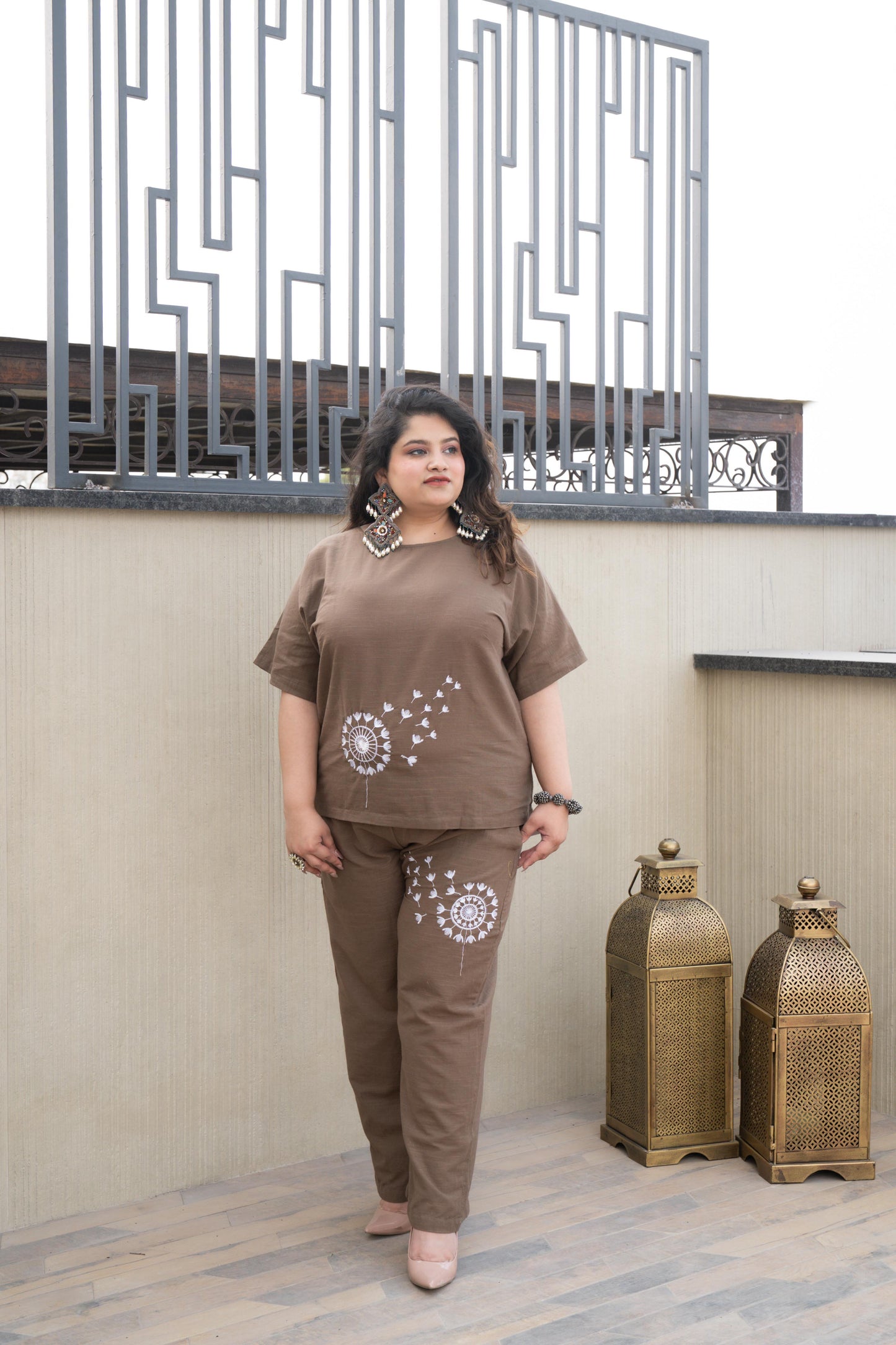 Dandelion Brown Embroidered Cotton Co-ord Set