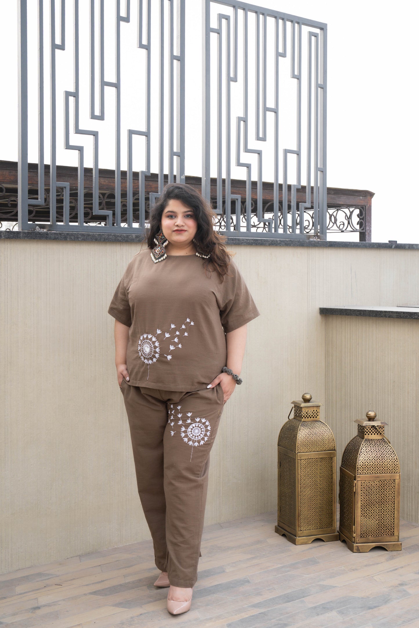 Dandelion Brown Embroidered Cotton Co-ord Set