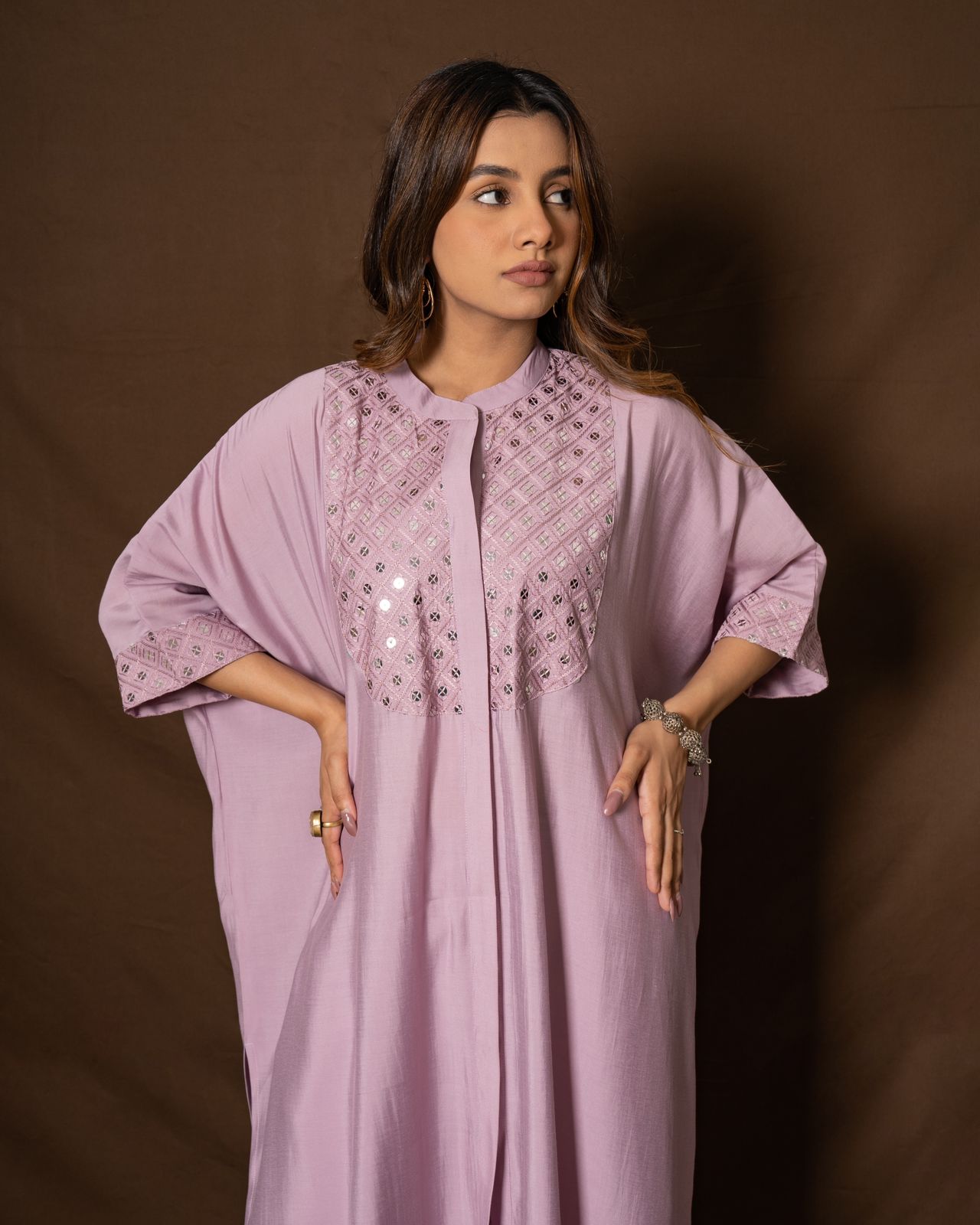Lilac Dusk Roman Silk Embroidered Kaftan Co-ord Set