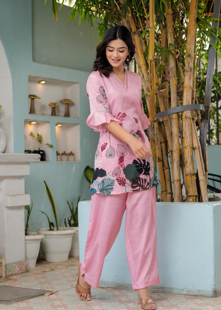Neerja Pink Floral Print Roman Silk Co-ord Set