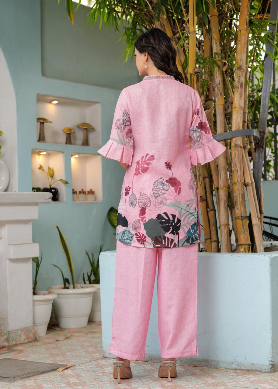 Neerja Pink Floral Print Roman Silk Co-ord Set