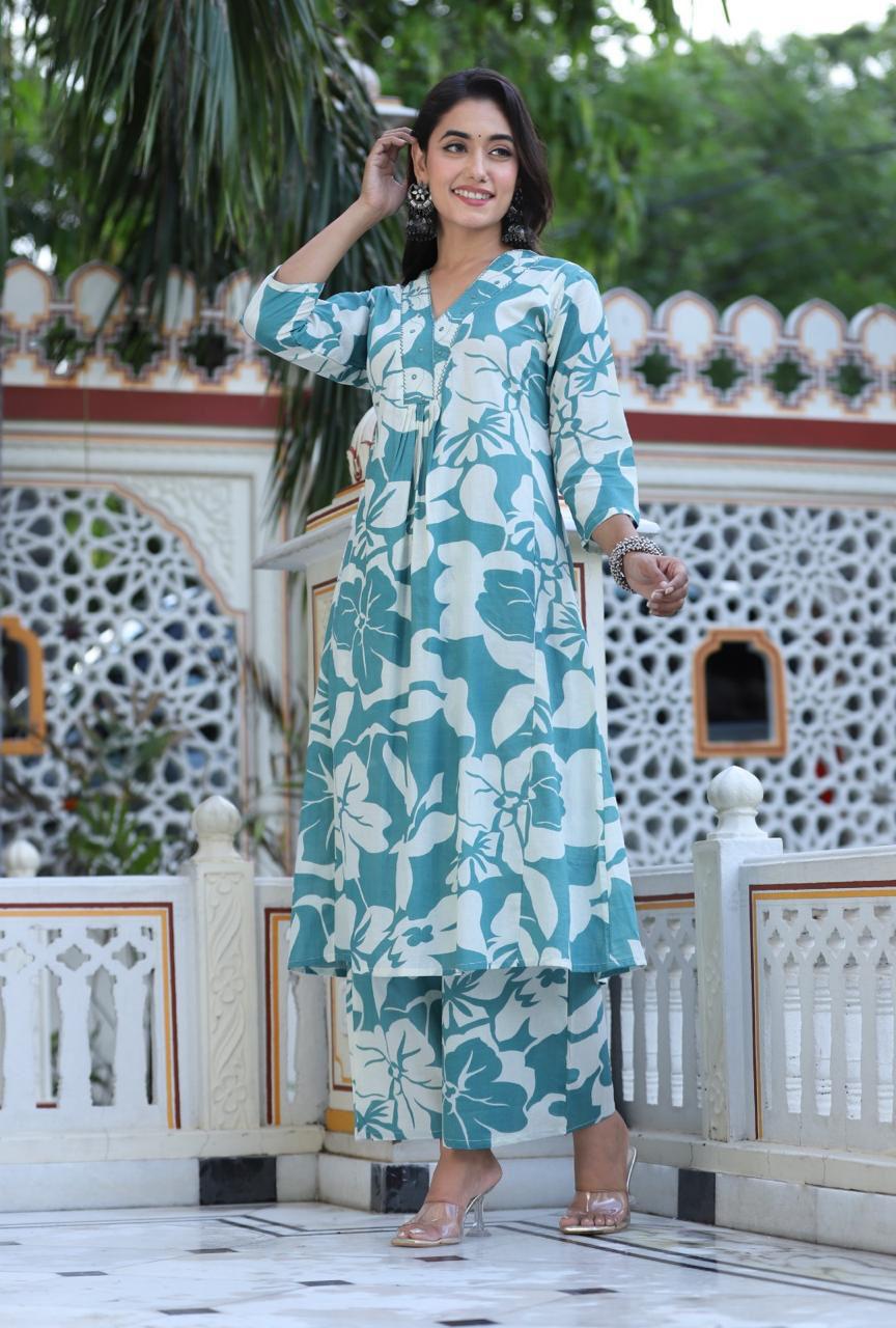 Jalpari Teal Blue Printed Cotton Co-ord Set